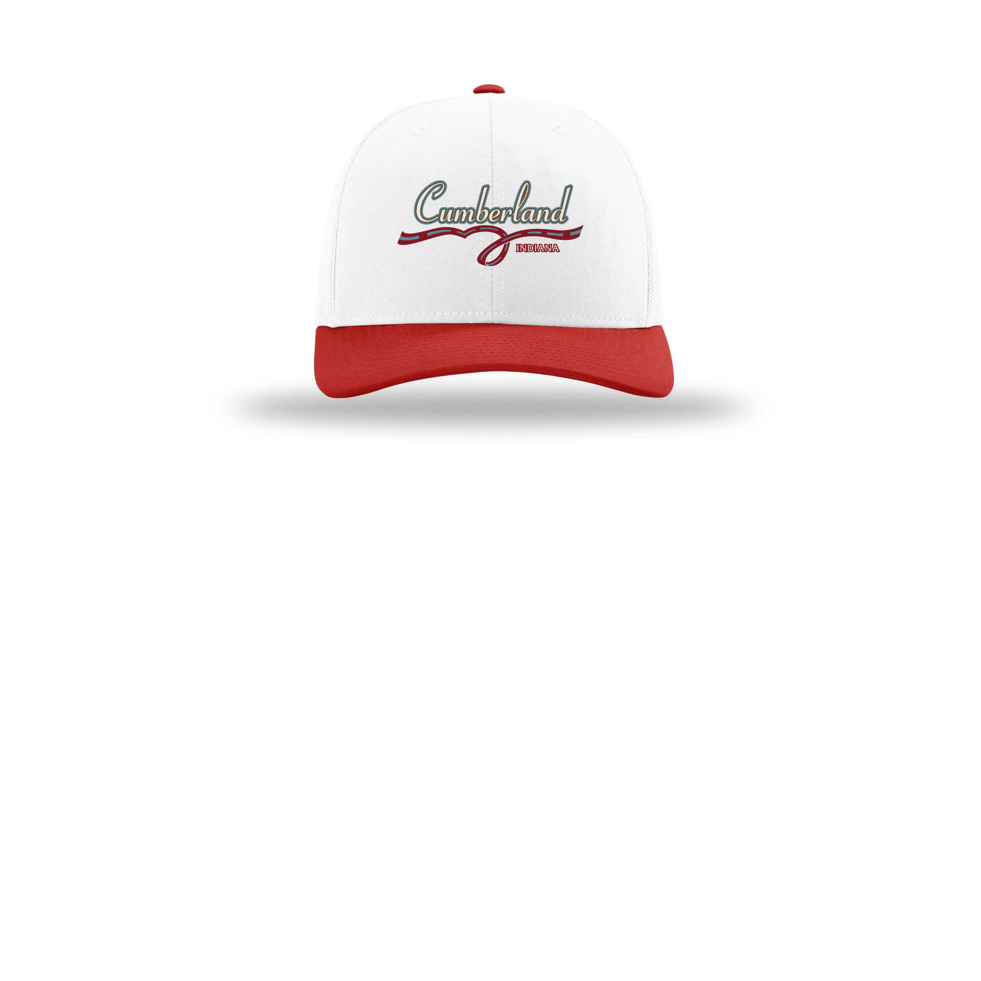 cumberland-richardson-trucker-cap-embroidery-capfront-R112-whitewhitered-flat-front