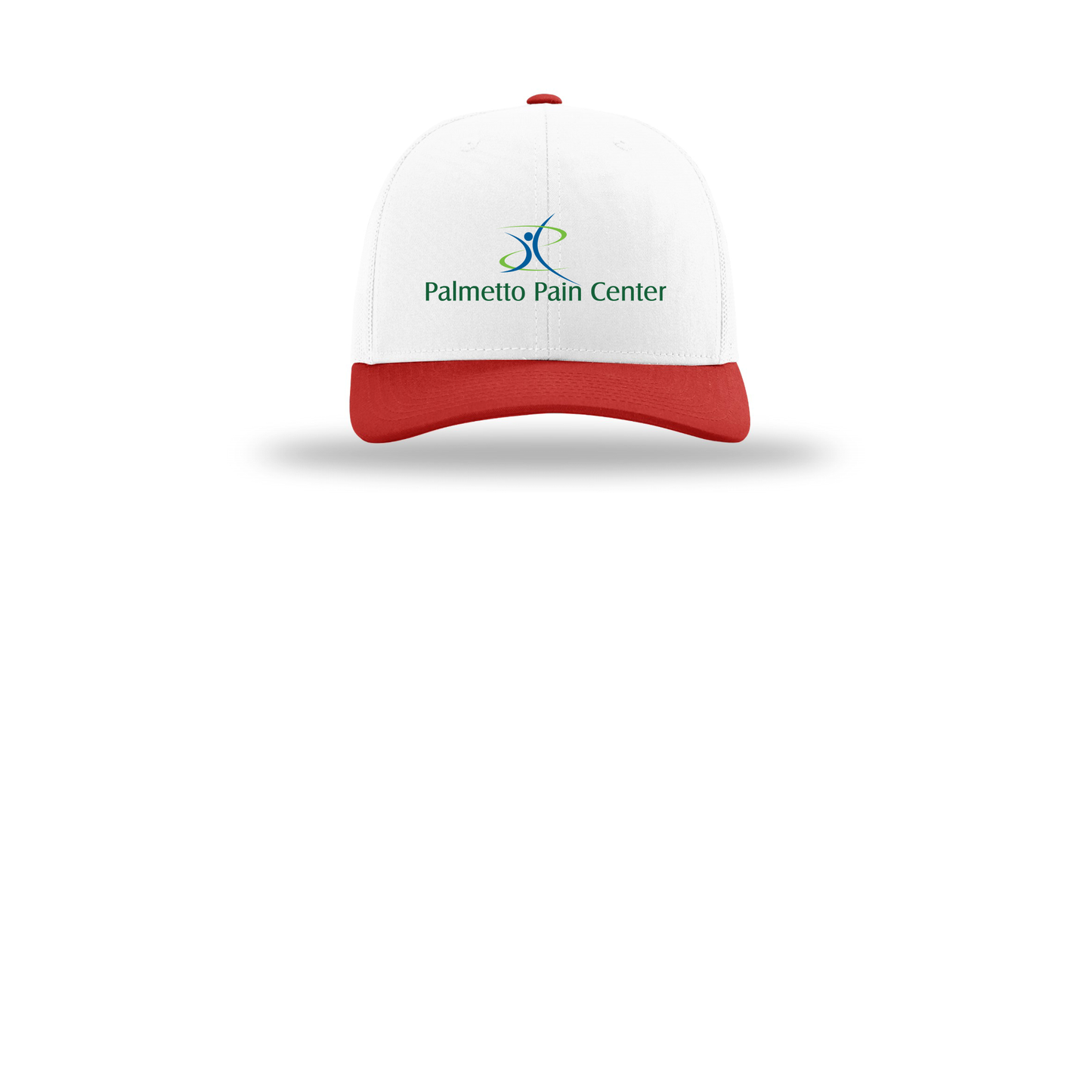 palmetto-pain-center-richardson-trucker-cap-embroidery-capfront-R112-whitewhitered-flat-front
