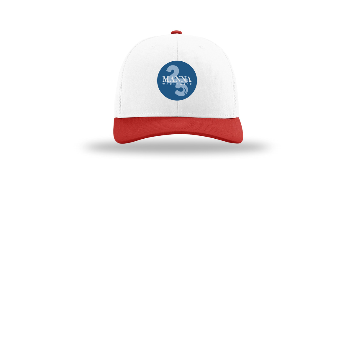 mannaworldwide-richardson-trucker-cap-embroidery-capfront-R112-whitewhitered-flat-front