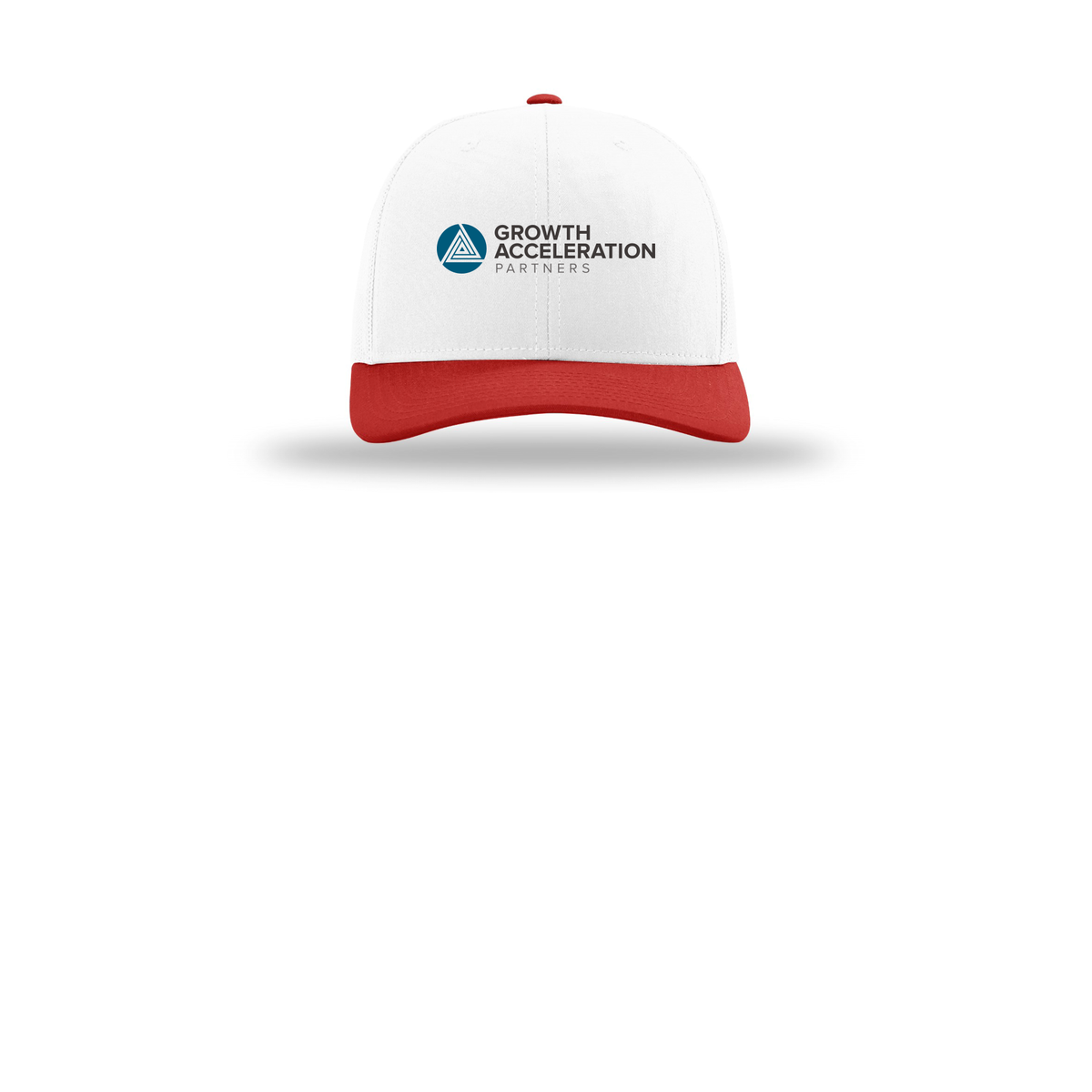 growthaccelerationpartners-richardson-trucker-cap-embroidery-capfront-R112-whitewhitered-flat-front