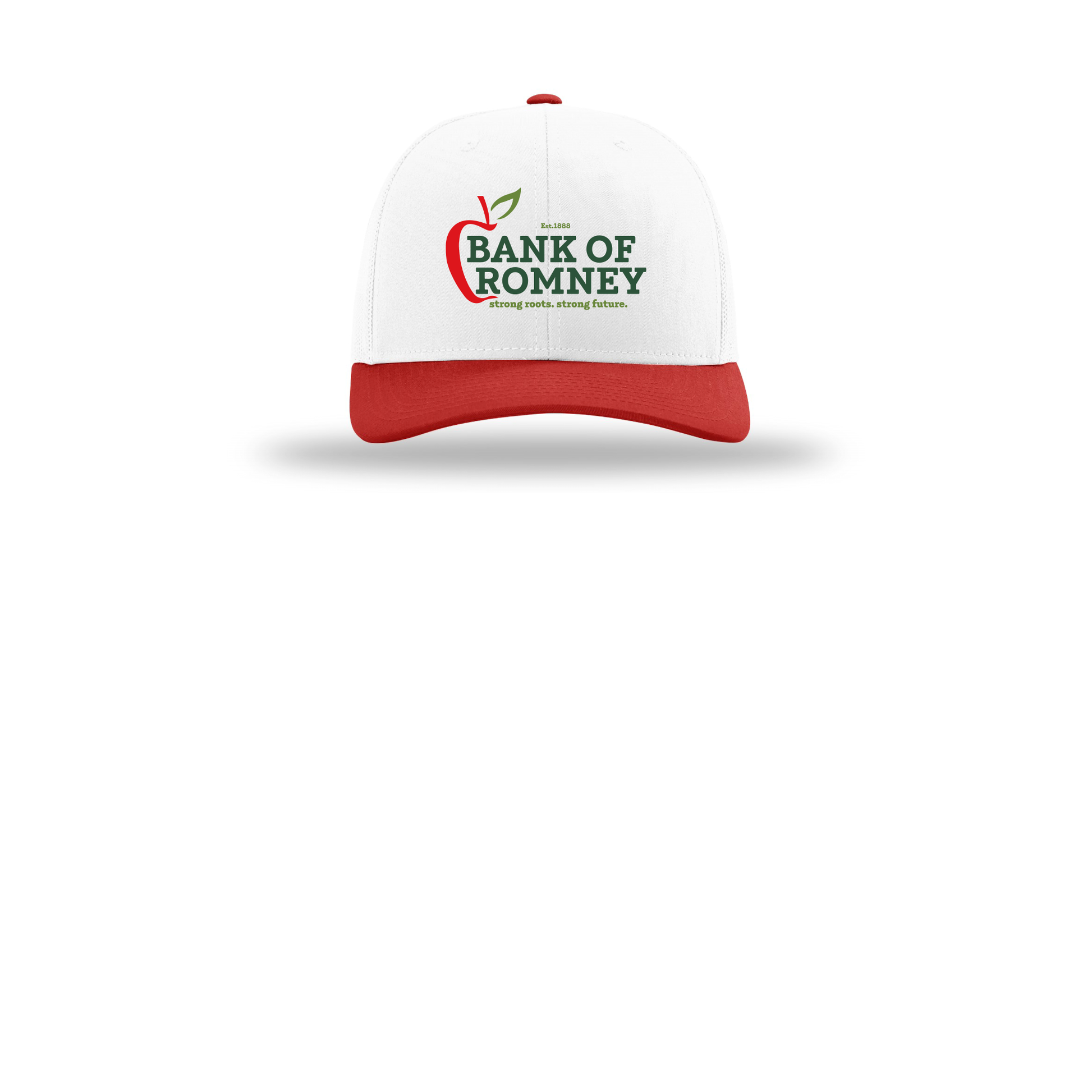 bankofromney-richardson-trucker-cap-embroidery-capfront-R112-whitewhitered-flat-front