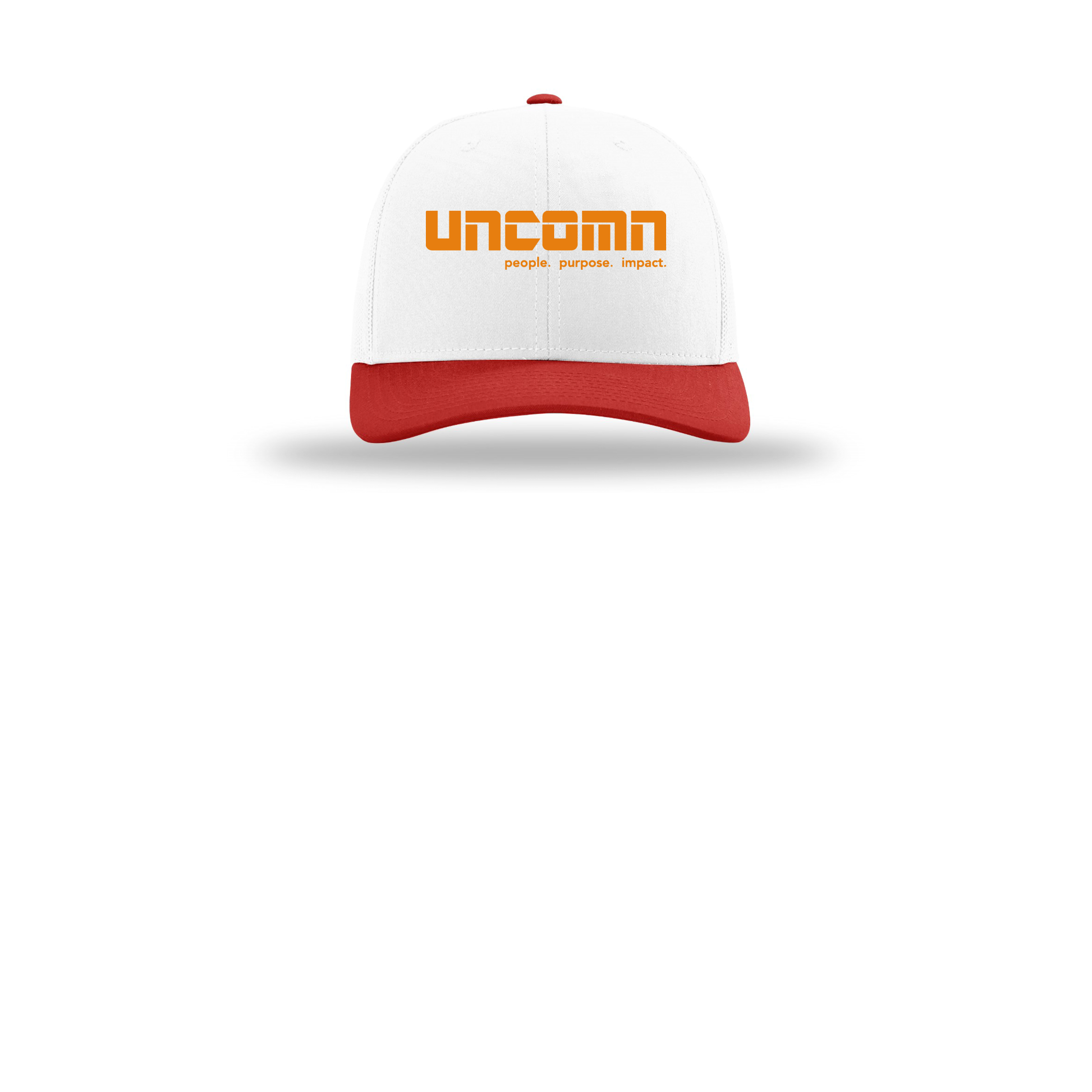 uncomn-richardson-trucker-cap-embroidery-capfront-R112-whitewhitered-flat-front