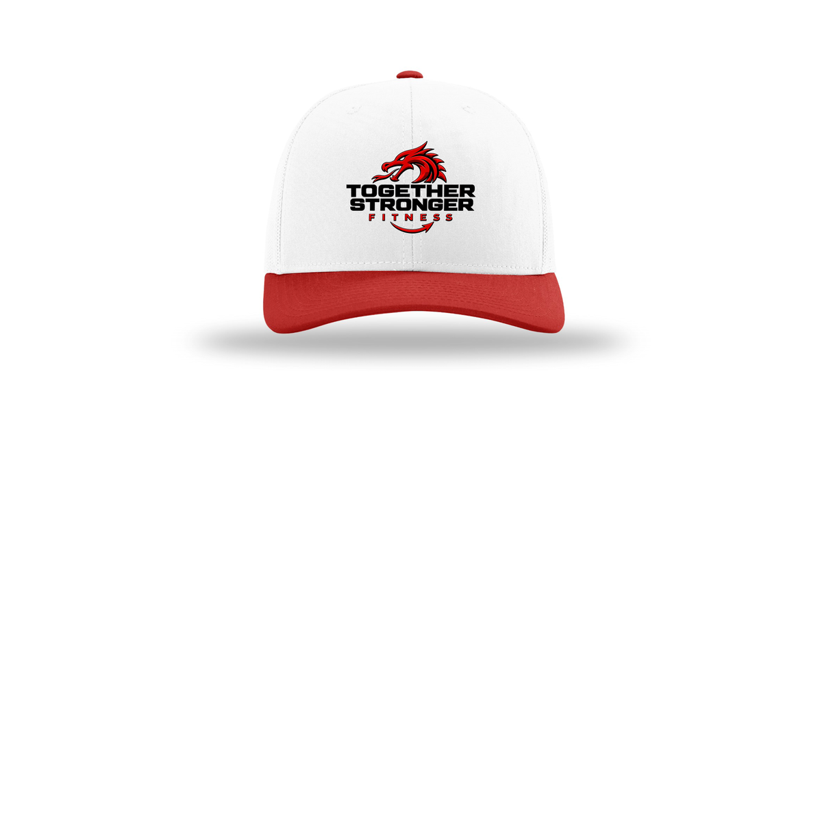 togetherstrongerfitness-richardson-trucker-cap-embroidery-capfront-R112-whitewhitered-flat-front