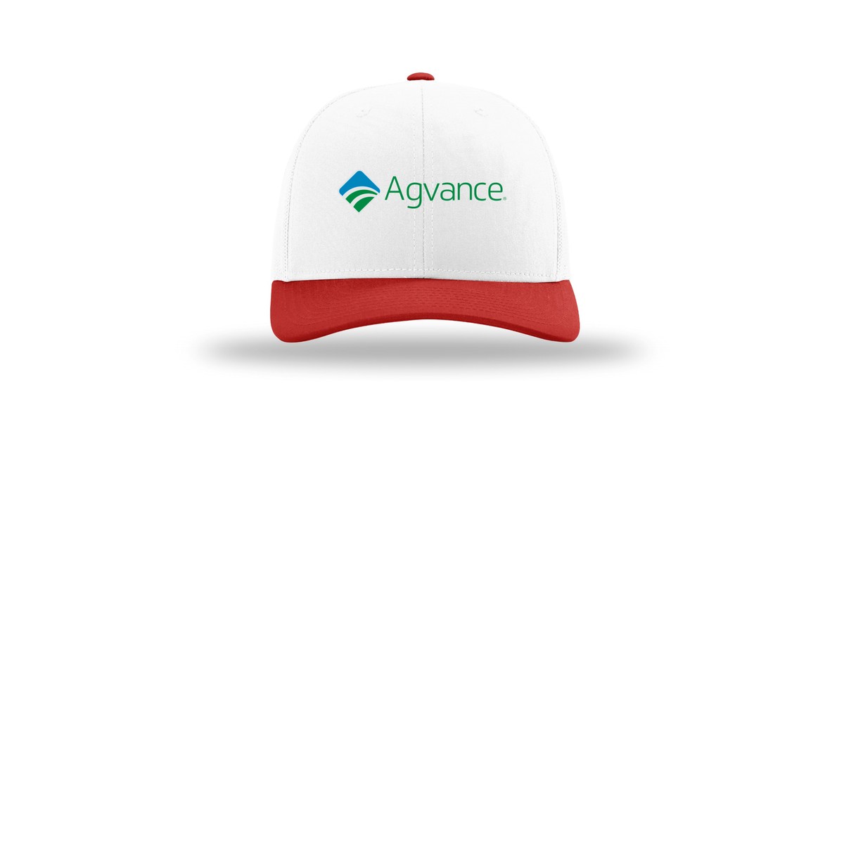 agvance-richardson-trucker-cap-embroidery-capfront-R112-whitewhitered-flat-front