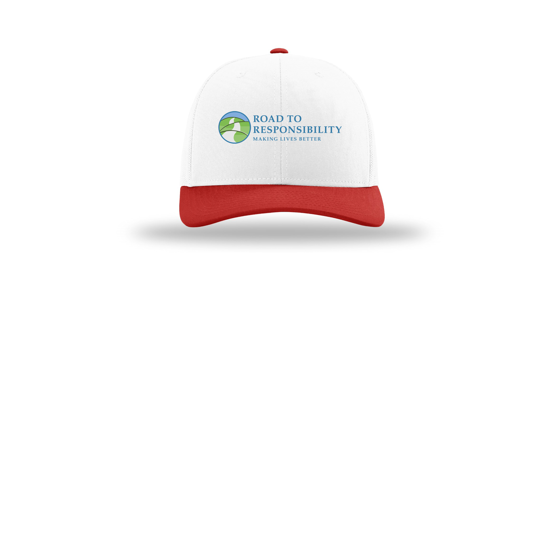 roadtoresponsibility-richardson-trucker-cap-embroidery-capfront-R112-whitewhitered-flat-front