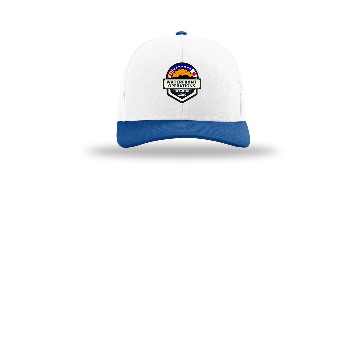 waterfront-operations-retro-trucker-cap-embroidery-capfront-R112-whitewhiteroyal-flat-front