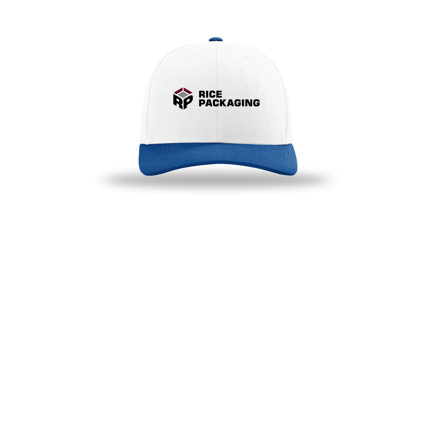 ricepackaging-richardson-trucker-cap-embroidery-capfront-R112-whitewhiteroyal-flat-front