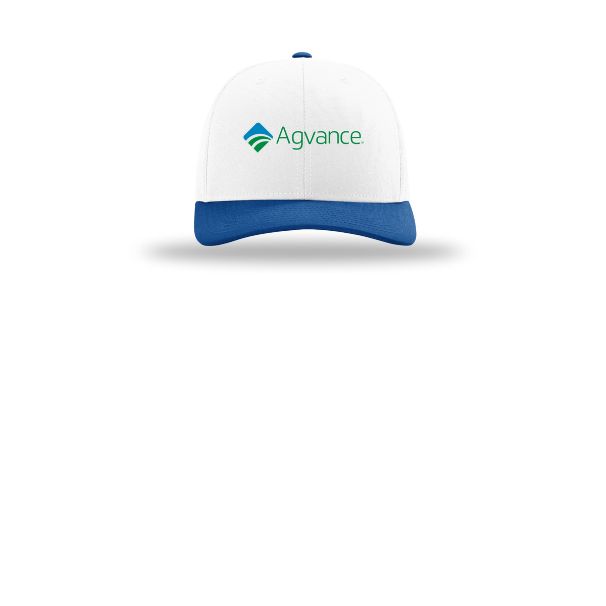 agvance-richardson-trucker-cap-embroidery-capfront-R112-whitewhiteroyal-flat-front