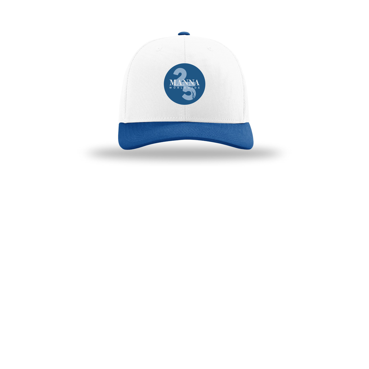 mannaworldwide-richardson-trucker-cap-embroidery-capfront-R112-whitewhiteroyal-flat-front