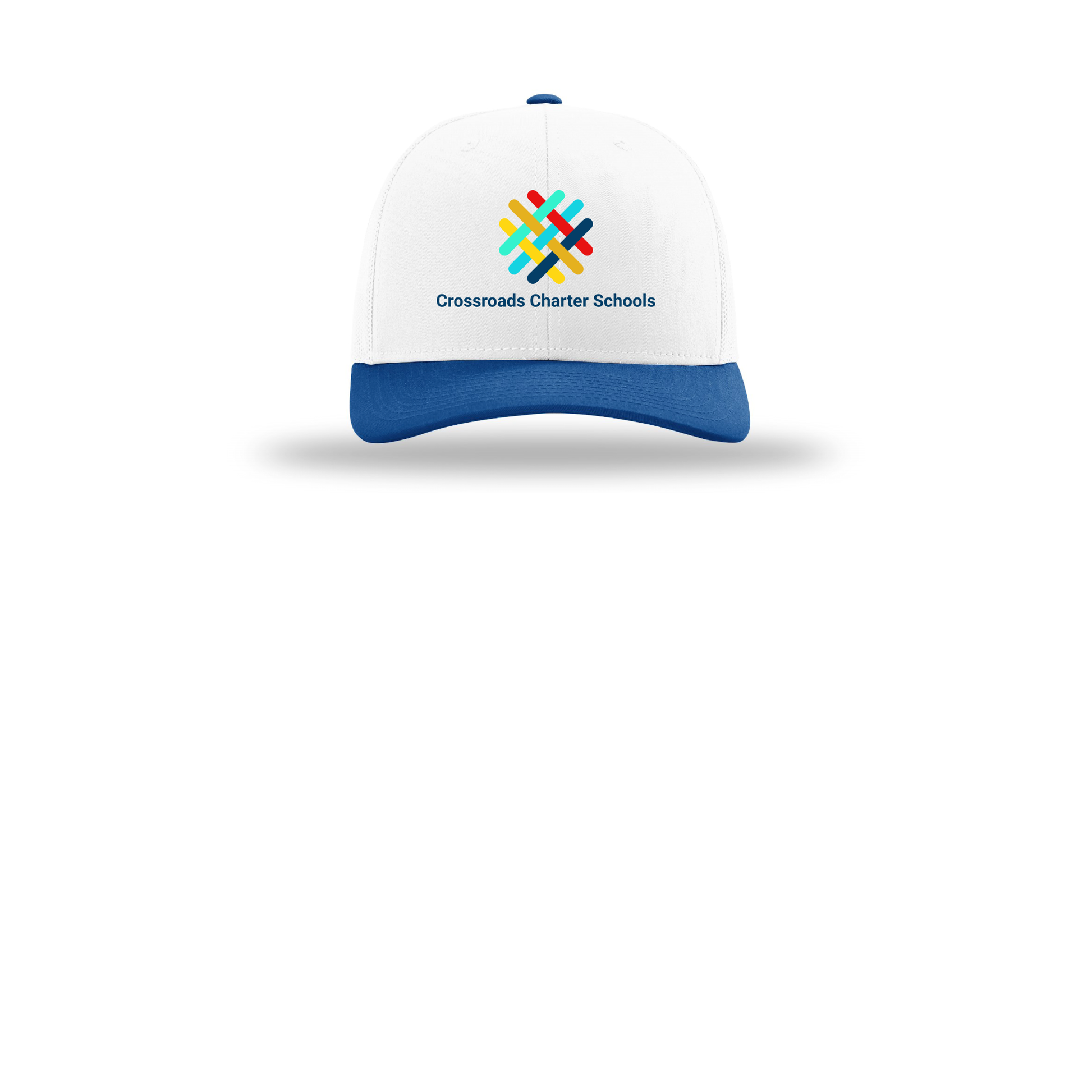crossroadsschoolskc-richardson-trucker-cap-embroidery-capfront-R112-whitewhiteroyal-flat-front