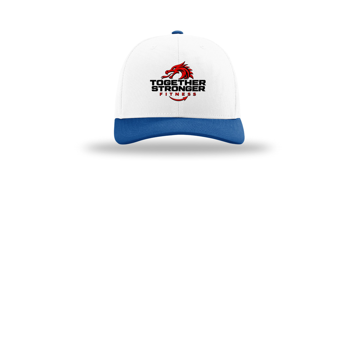 togetherstrongerfitness-richardson-trucker-cap-embroidery-capfront-R112-whitewhiteroyal-flat-front