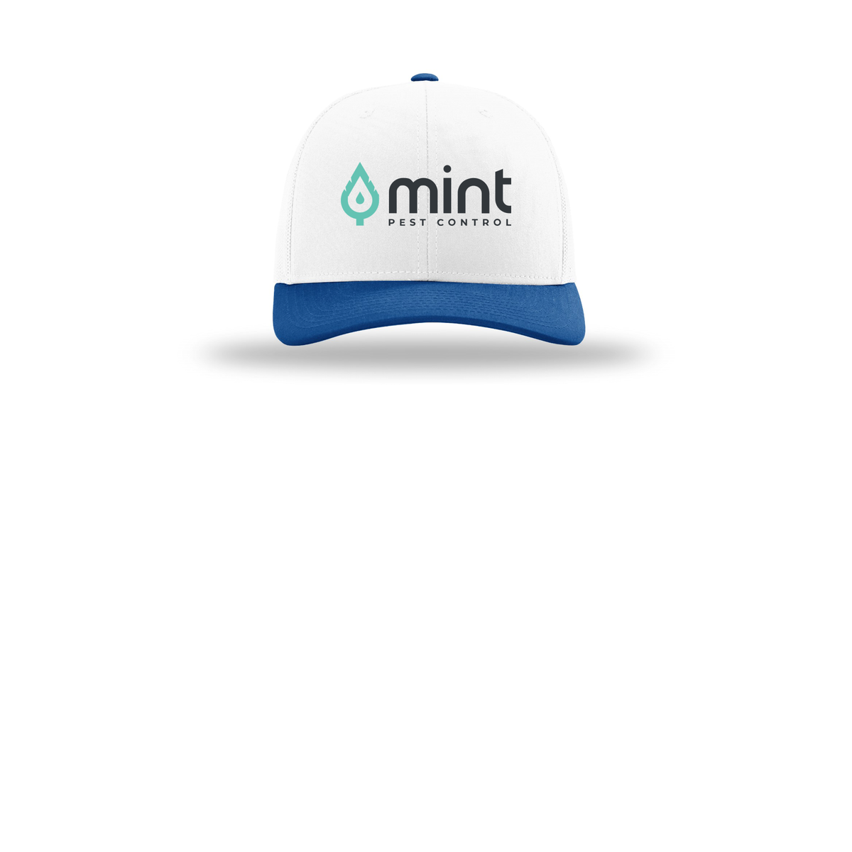mintpest-richardson-trucker-cap-embroidery-capfront-R112-whitewhiteroyal-flat-front