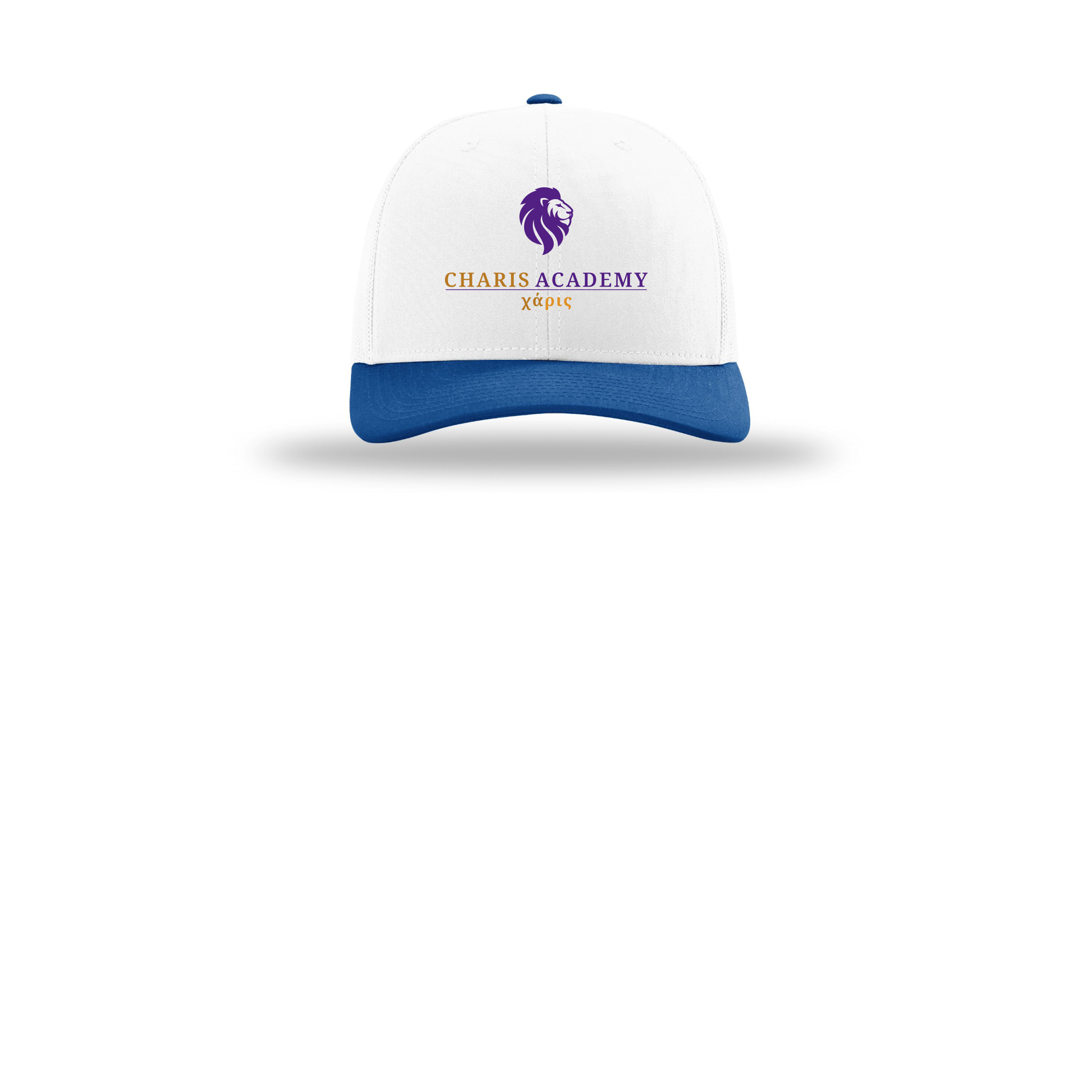 cahazleton-richardson-trucker-cap-embroidery-capfront-R112-whitewhiteroyal-flat-front