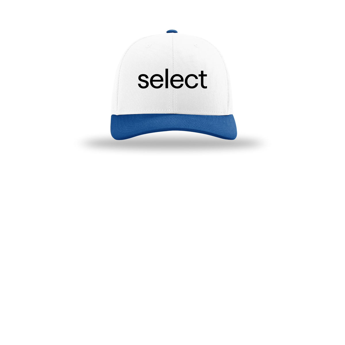 meetselect-richardson-trucker-cap-embroidery-capfront-R112-whitewhiteroyal-flat-front
