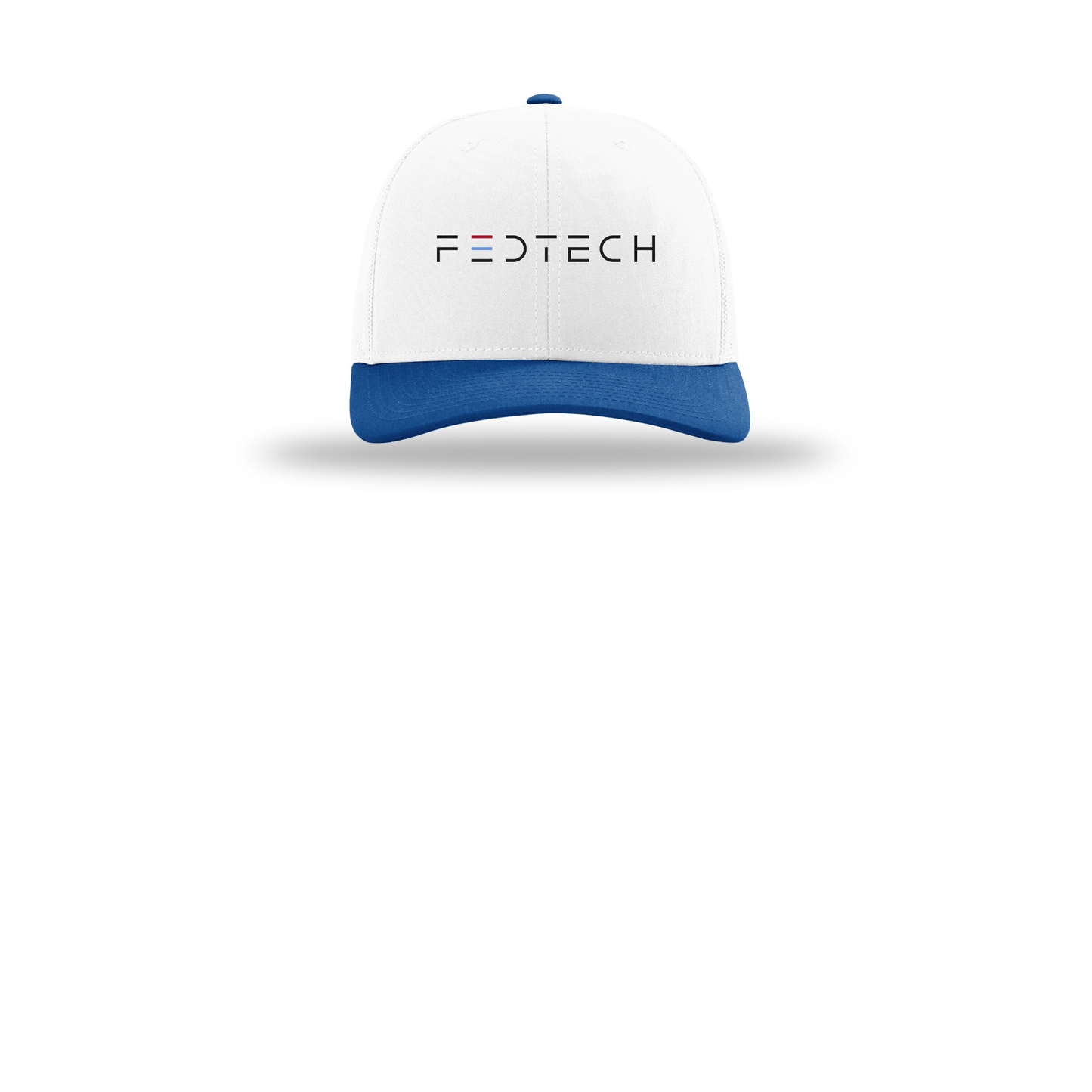 fedtech-richardson-trucker-cap-embroidery-capfront-R112-whitewhiteroyal-flat-front
