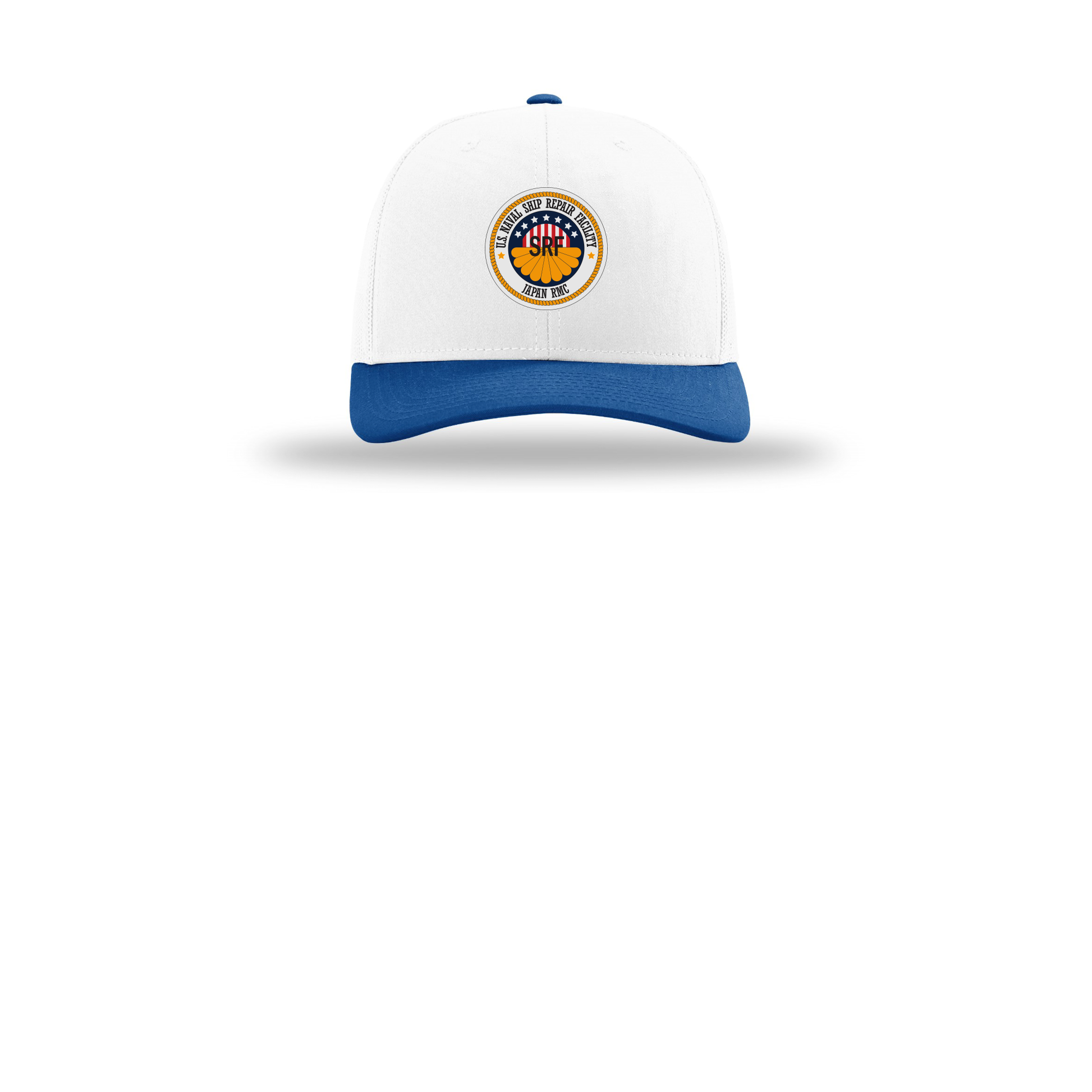 srf-jrmc-richardson-trucker-cap-embroidery-capfront-R112-whitewhiteroyal-flat-front