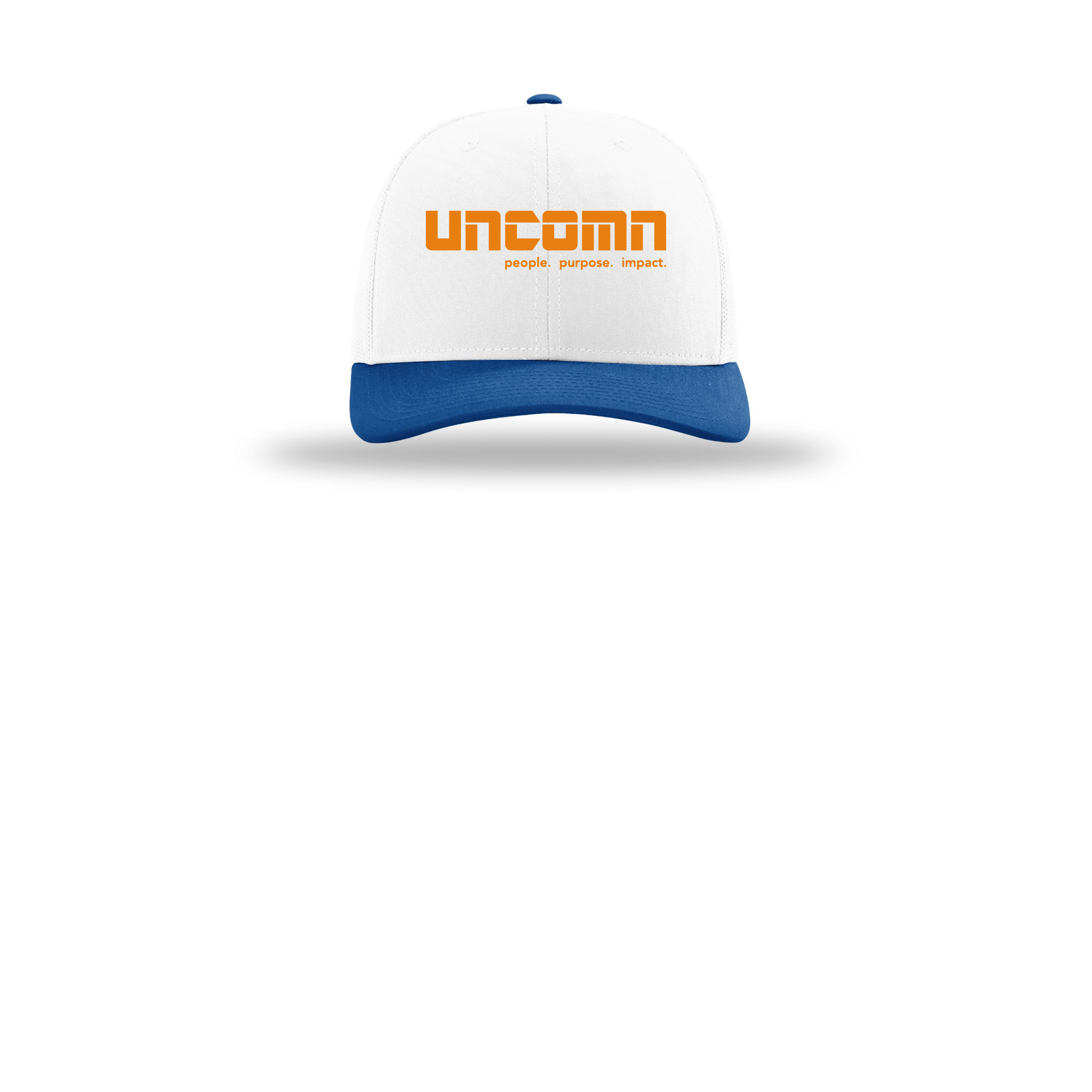 uncomn-richardson-trucker-cap-embroidery-capfront-R112-whitewhiteroyal-flat-front