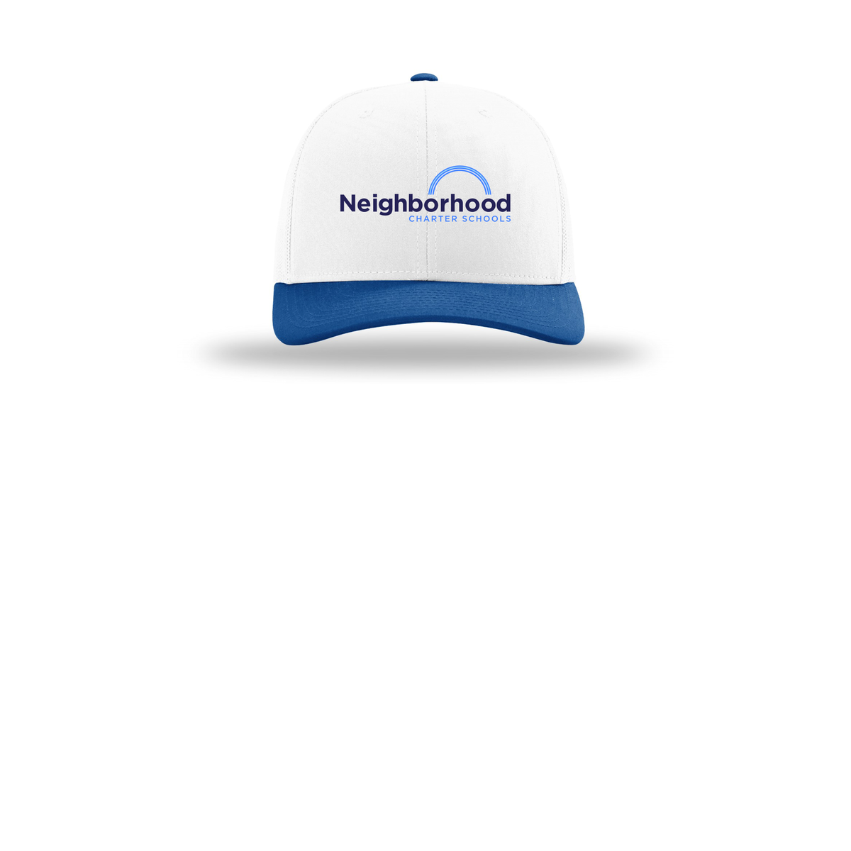 ncschools-richardson-trucker-cap-embroidery-capfront-R112-whitewhiteroyal-flat-front