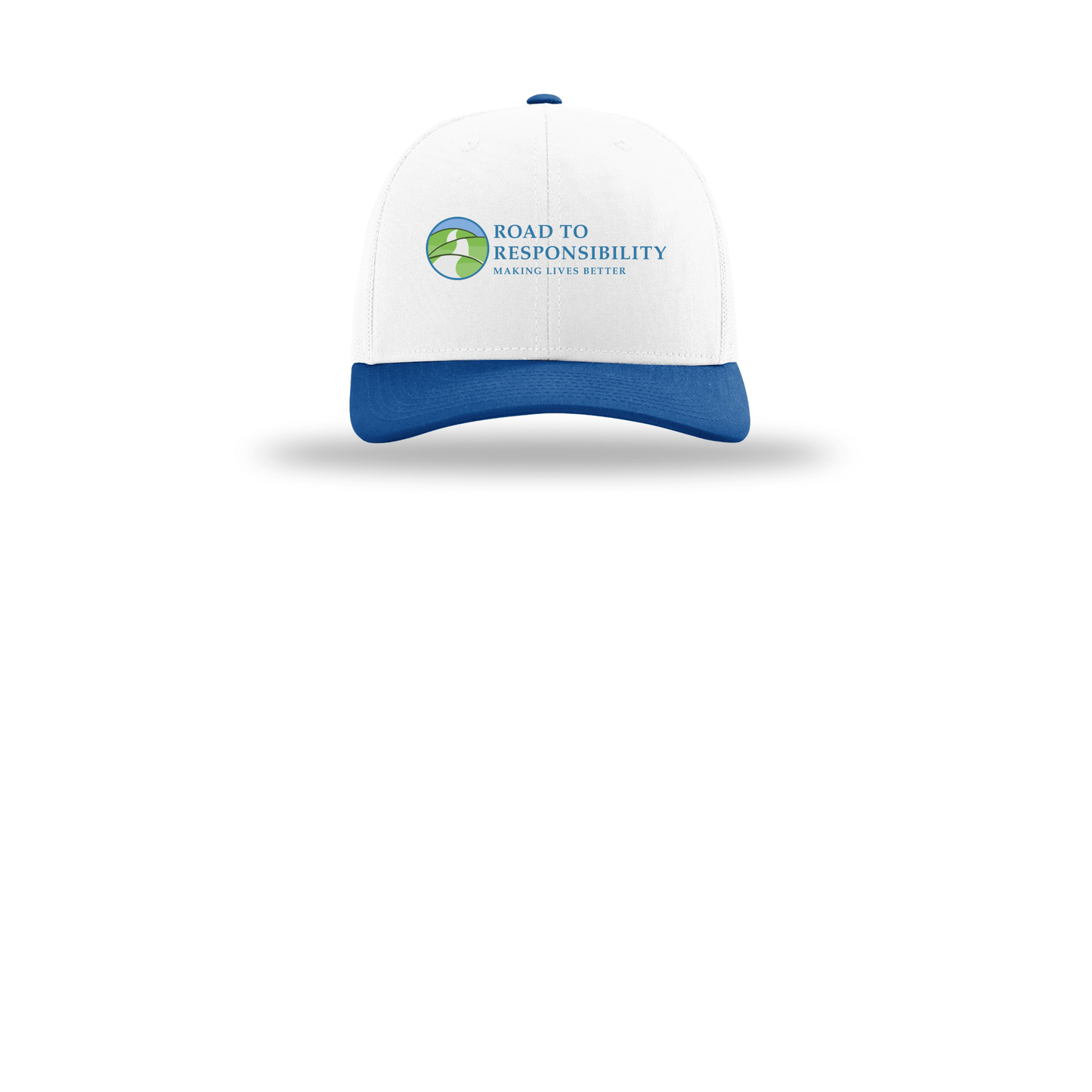 roadtoresponsibility-richardson-trucker-cap-embroidery-capfront-R112-whitewhiteroyal-flat-front