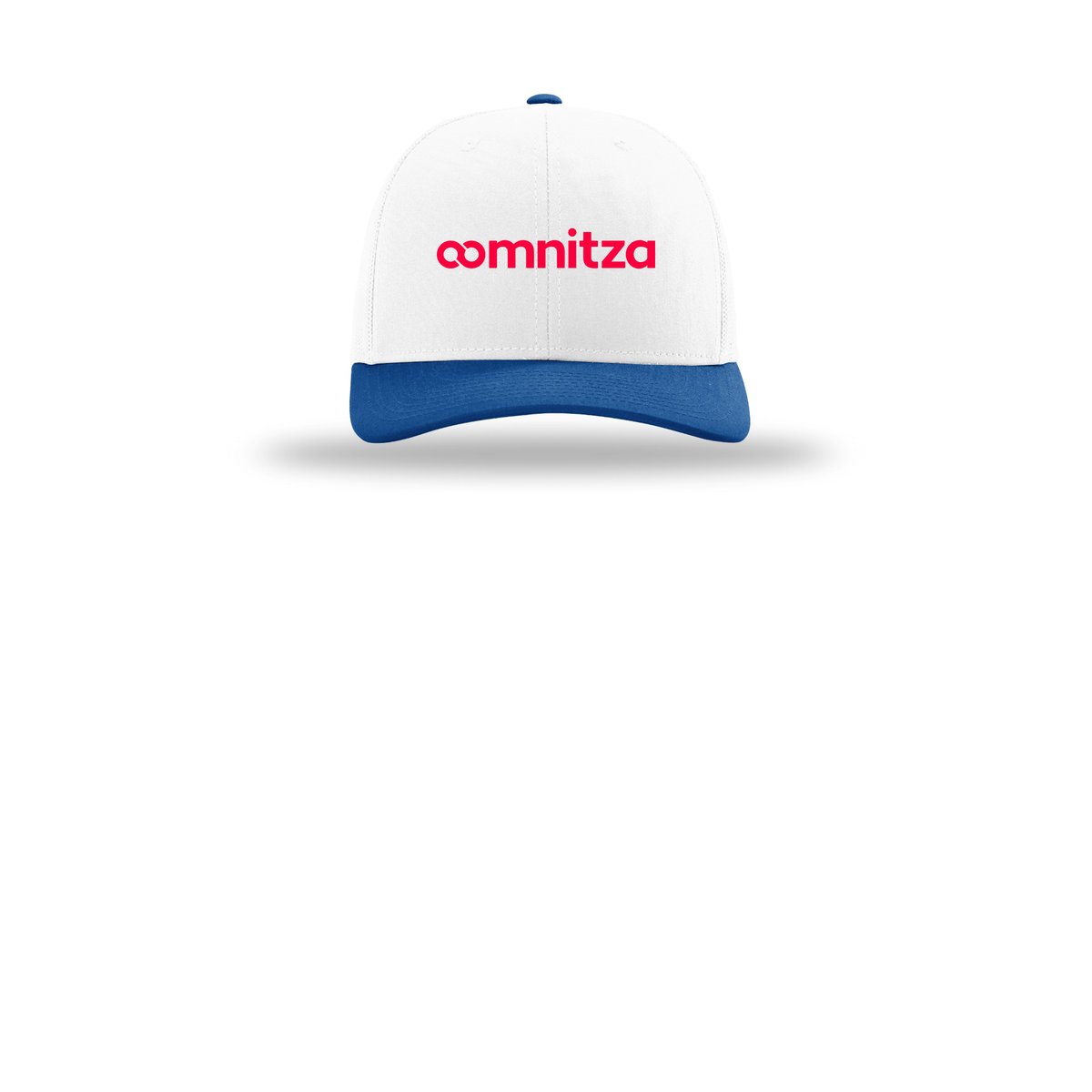 oomnitza-richardson-trucker-cap-embroidery-capfront-R112-whitewhiteroyal-flat-front