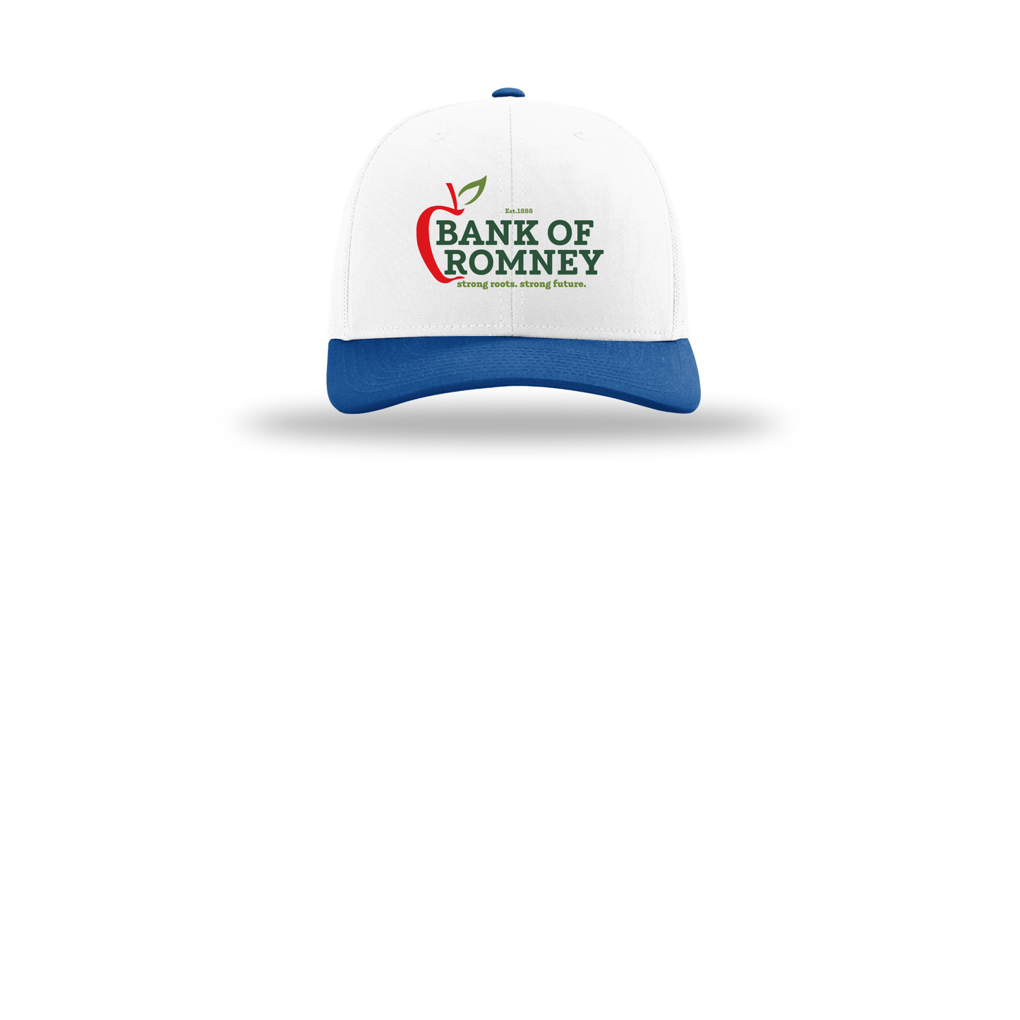 bankofromney-richardson-trucker-cap-embroidery-capfront-R112-whitewhiteroyal-flat-front