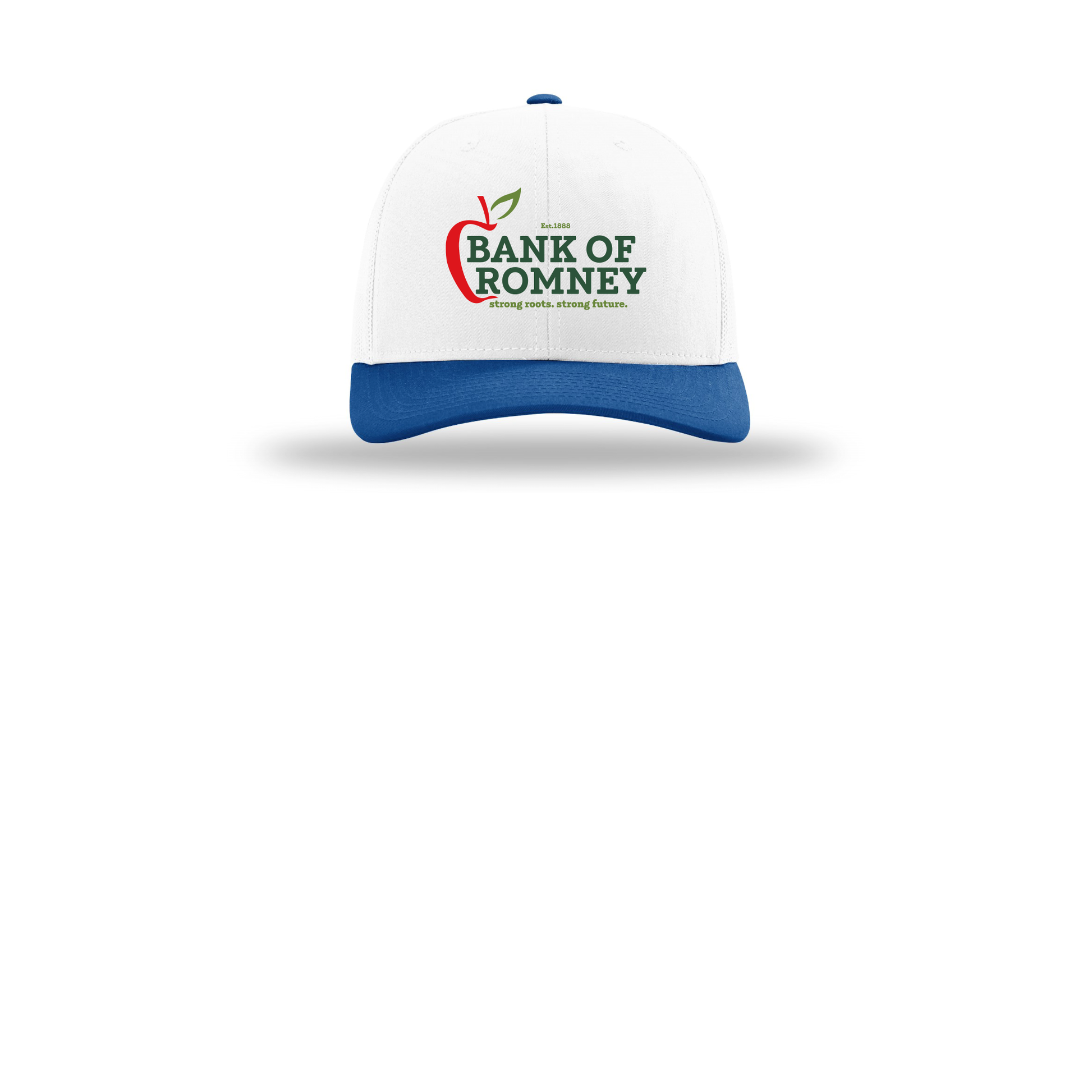 bankofromney-richardson-trucker-cap-embroidery-capfront-R112-whitewhiteroyal-flat-front