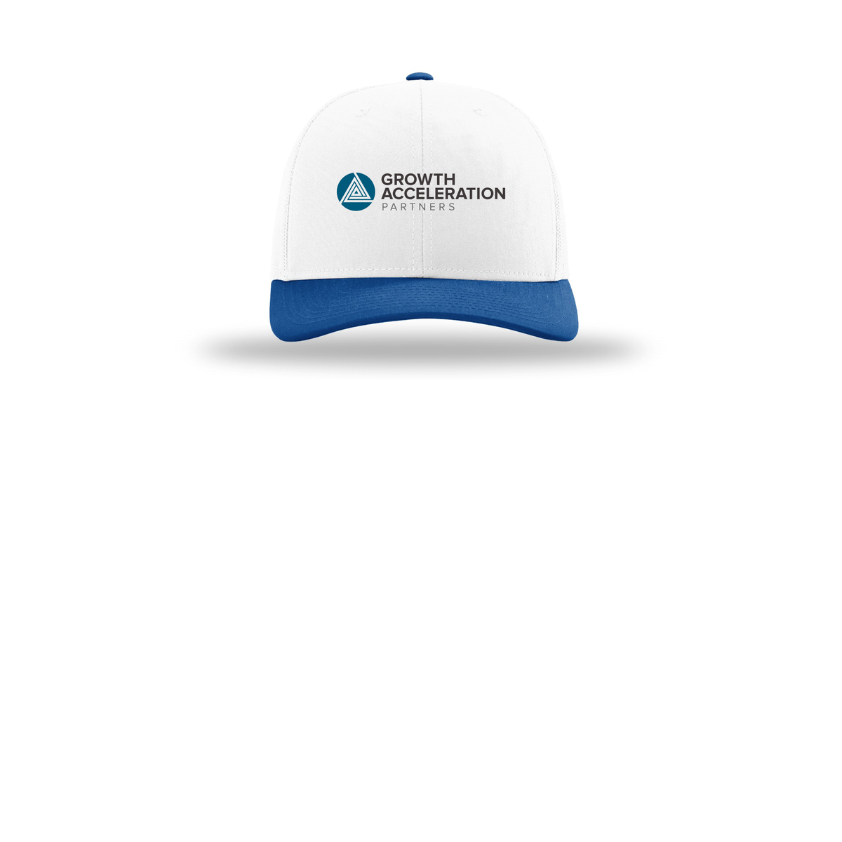 growthaccelerationpartners-richardson-trucker-cap-embroidery-capfront-R112-whitewhiteroyal-flat-front