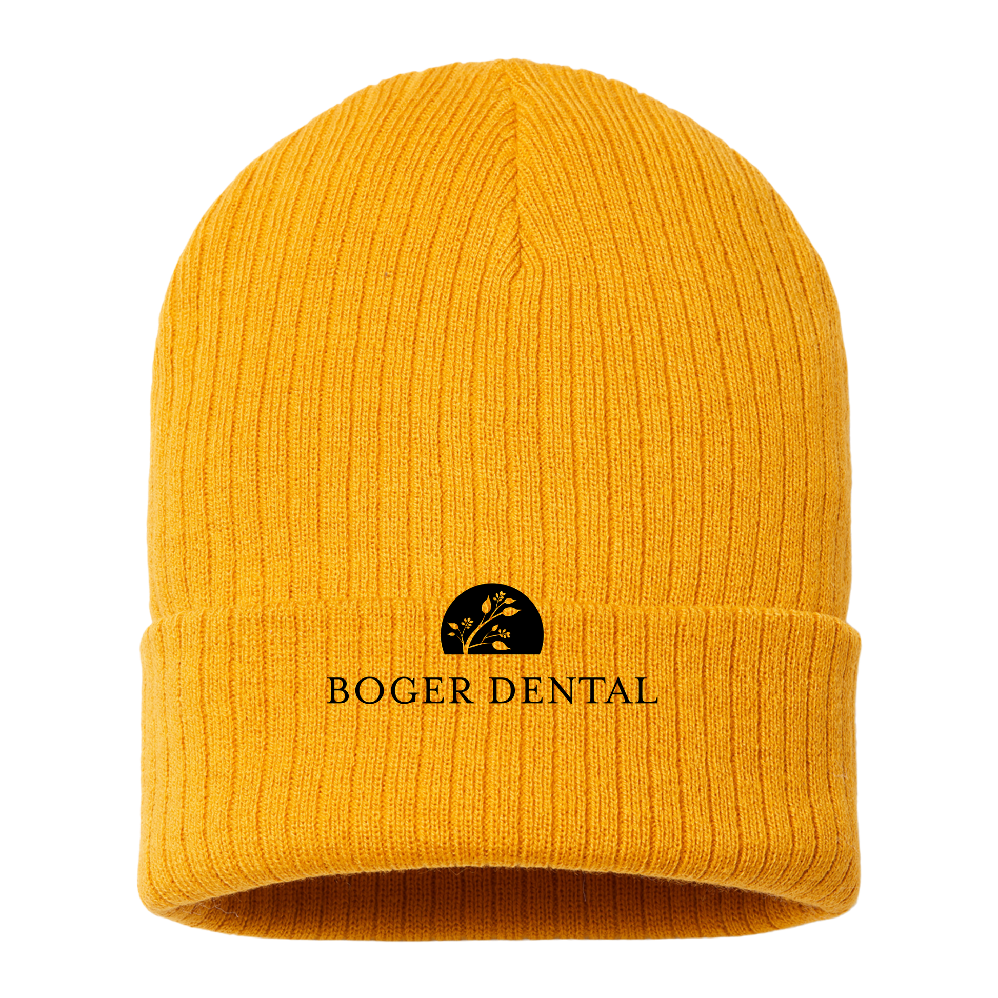 boger-dental-sustainable-cuffed-beanie-embroidery-capfront-RIO-mustardyellow-flat-front