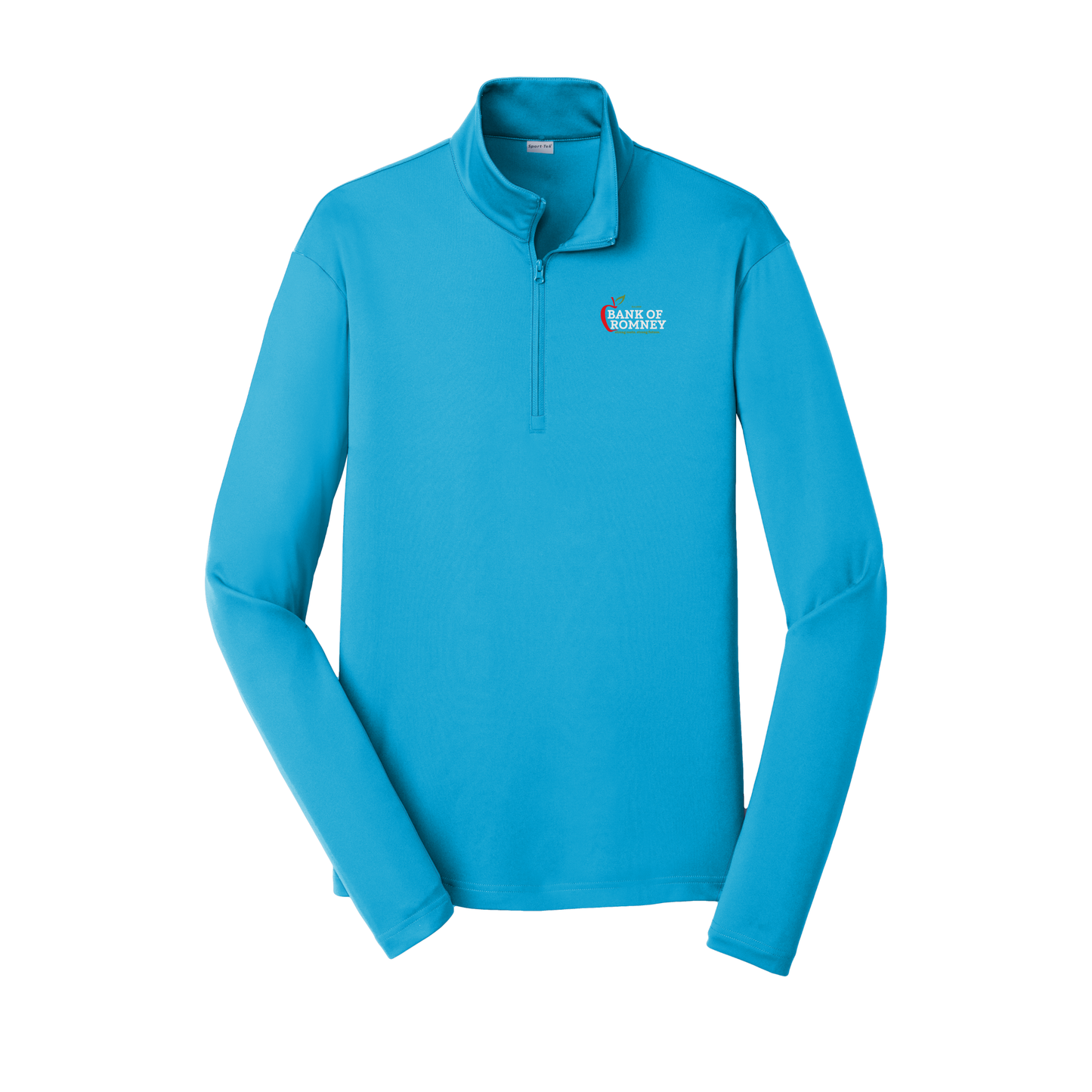 bankofromney-lightweight-quarter-zip-dtf-leftchest-ST357-atomicblue-flat-front