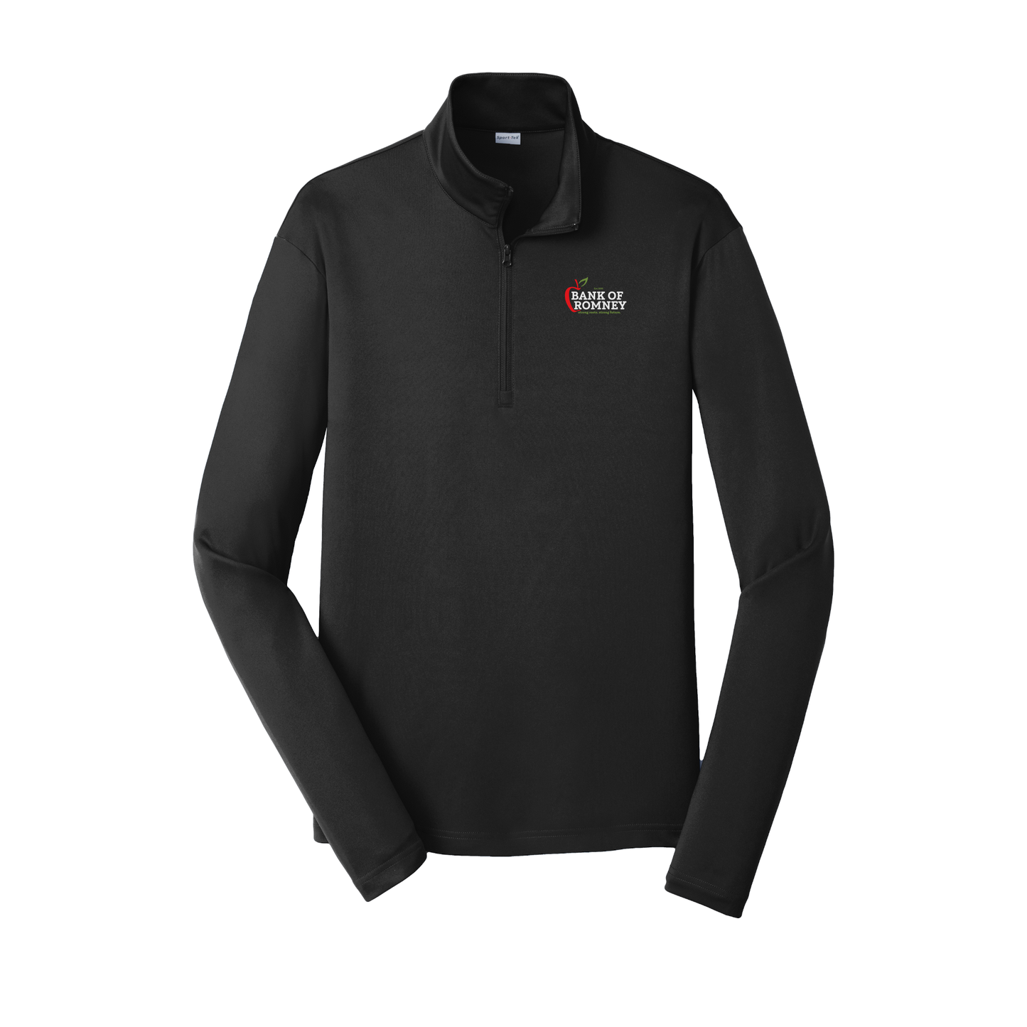 bankofromney-lightweight-quarter-zip-dtf-leftchest-ST357-black-flat-front