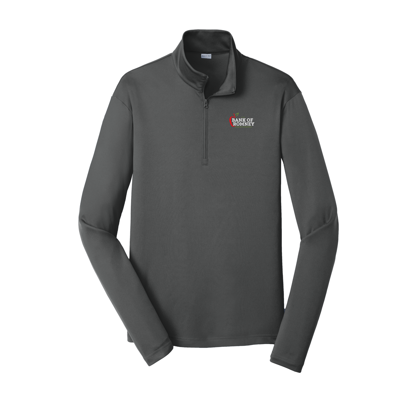 bankofromney-lightweight-quarter-zip-dtf-leftchest-ST357-irongrey-flat-front