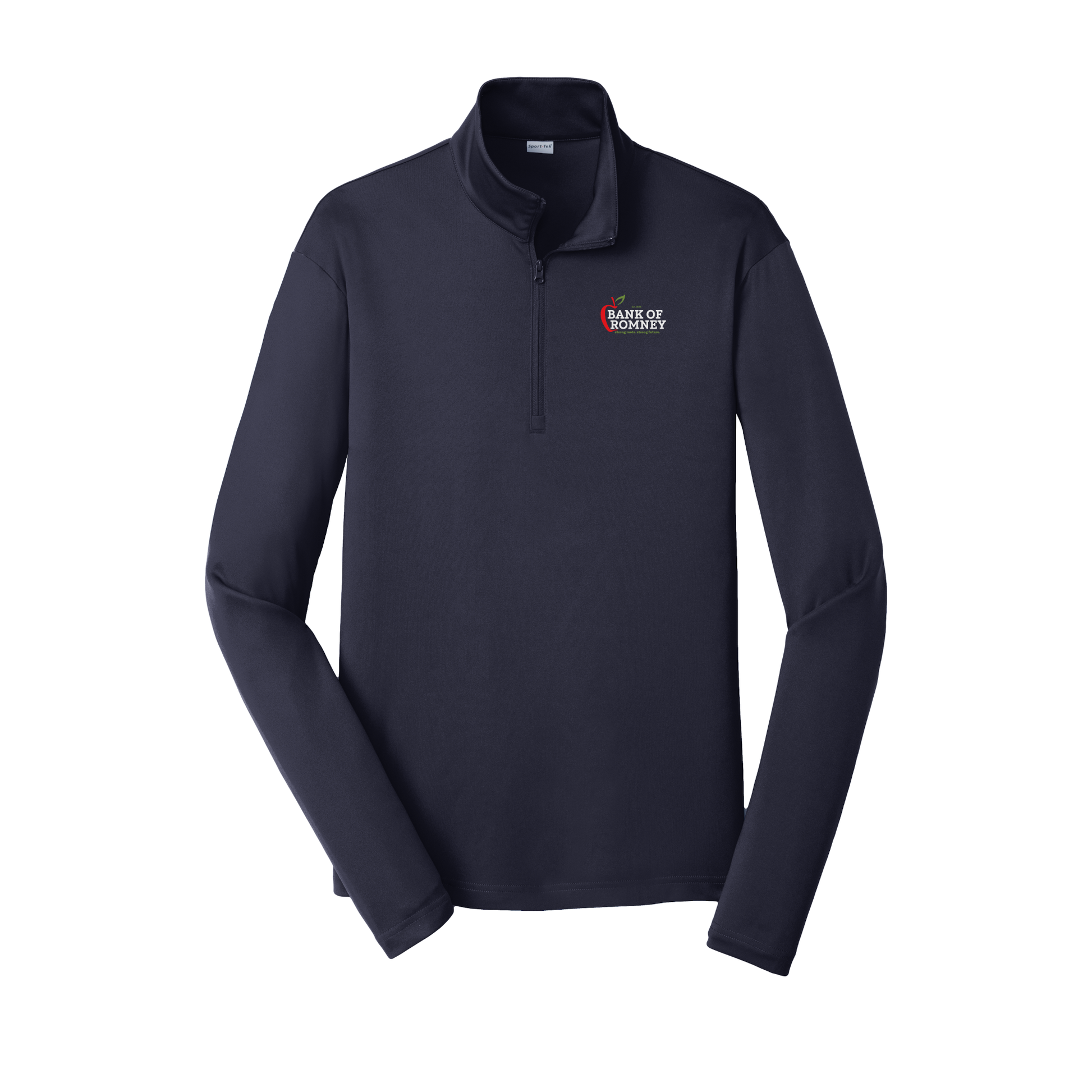 bankofromney-lightweight-quarter-zip-dtf-leftchest-ST357-truenavy-flat-front