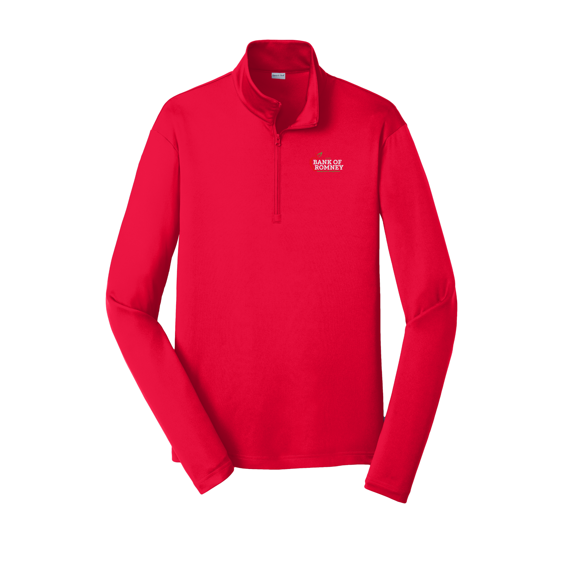 bankofromney-lightweight-quarter-zip-dtf-leftchest-ST357-truered-flat-front