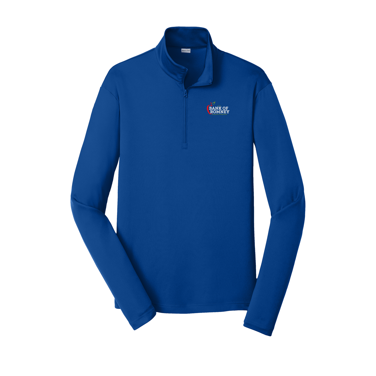 bankofromney-lightweight-quarter-zip-dtf-leftchest-ST357-trueroyal-flat-front
