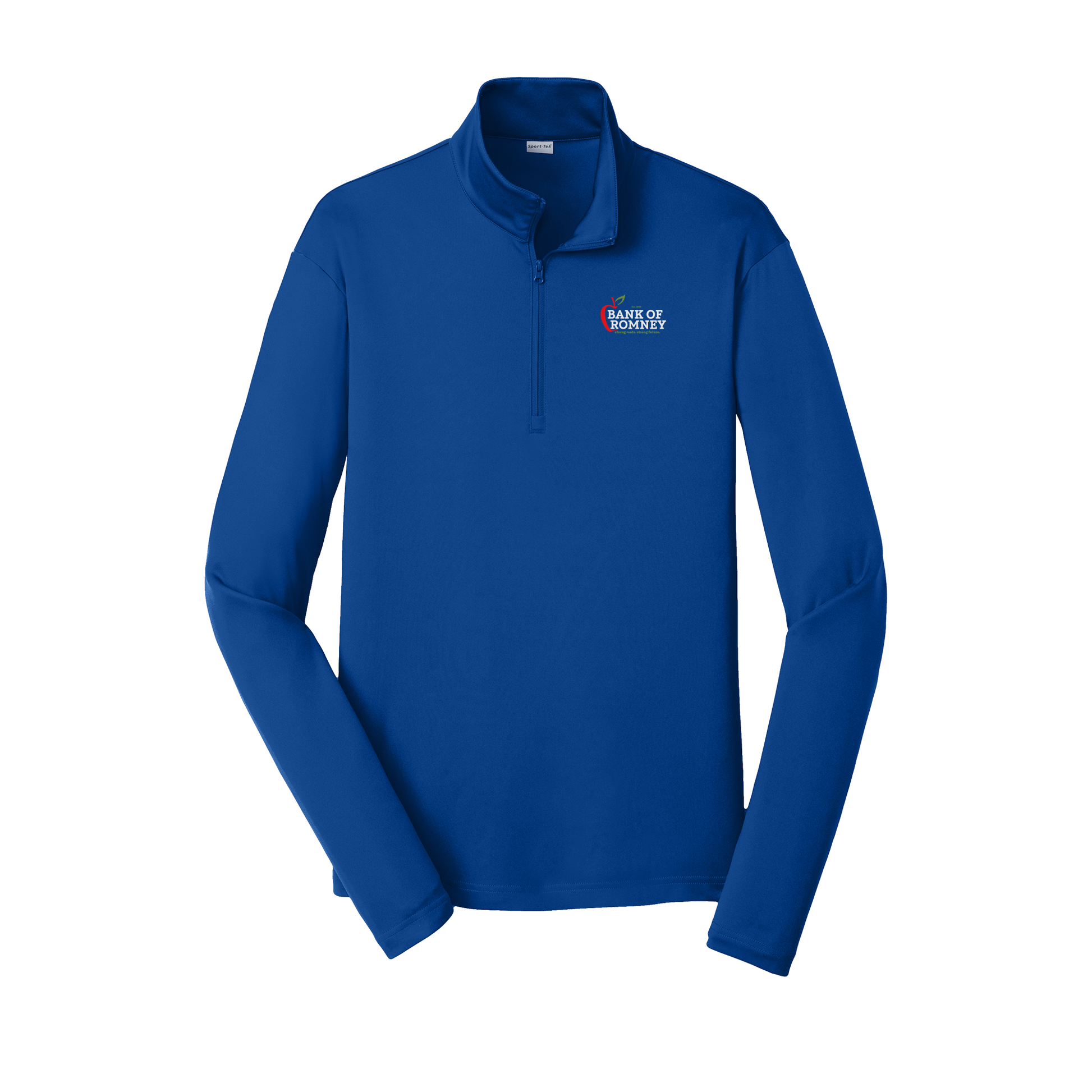 bankofromney-lightweight-quarter-zip-dtf-leftchest-ST357-trueroyal-flat-front