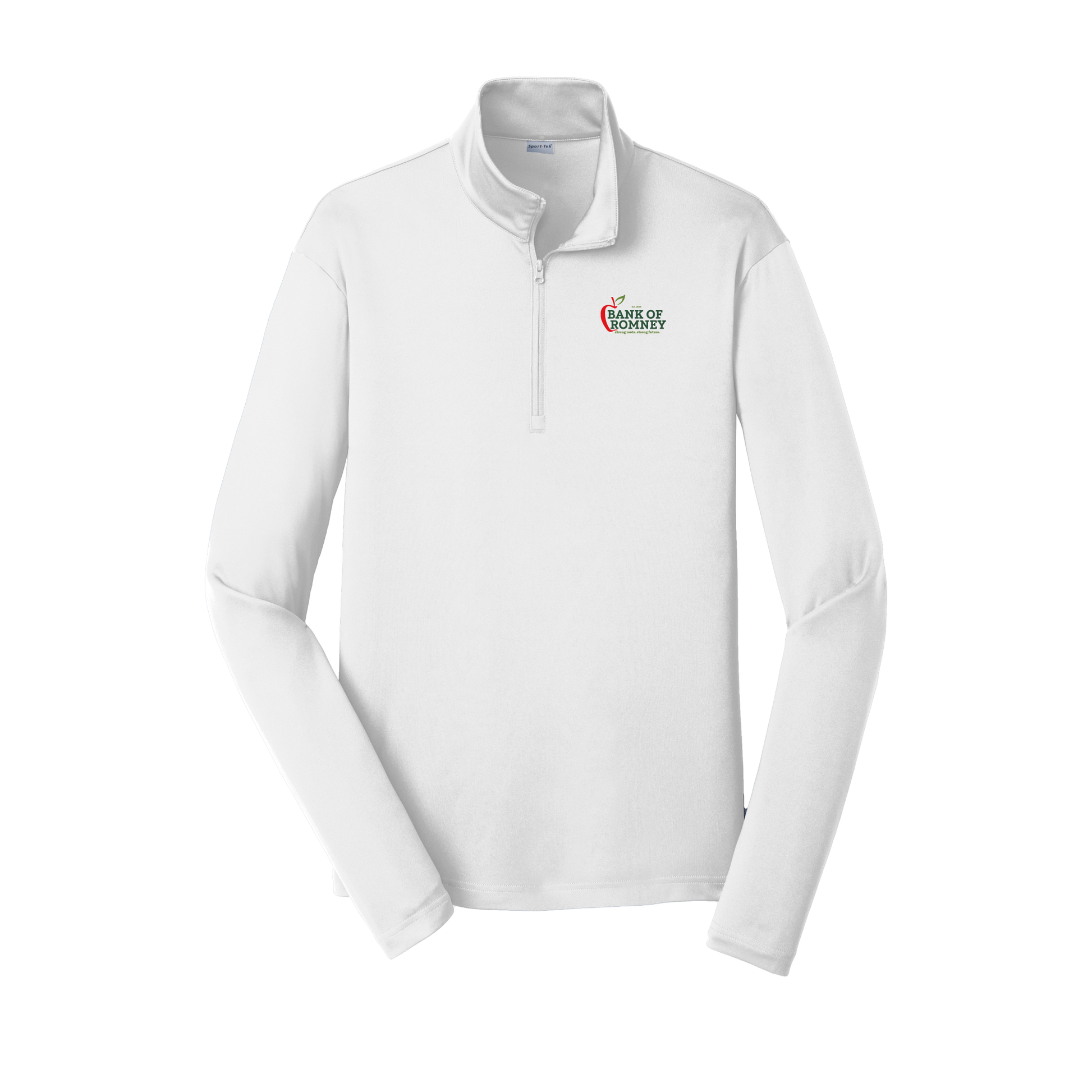 bankofromney-lightweight-quarter-zip-dtf-leftchest-ST357-white-flat-front