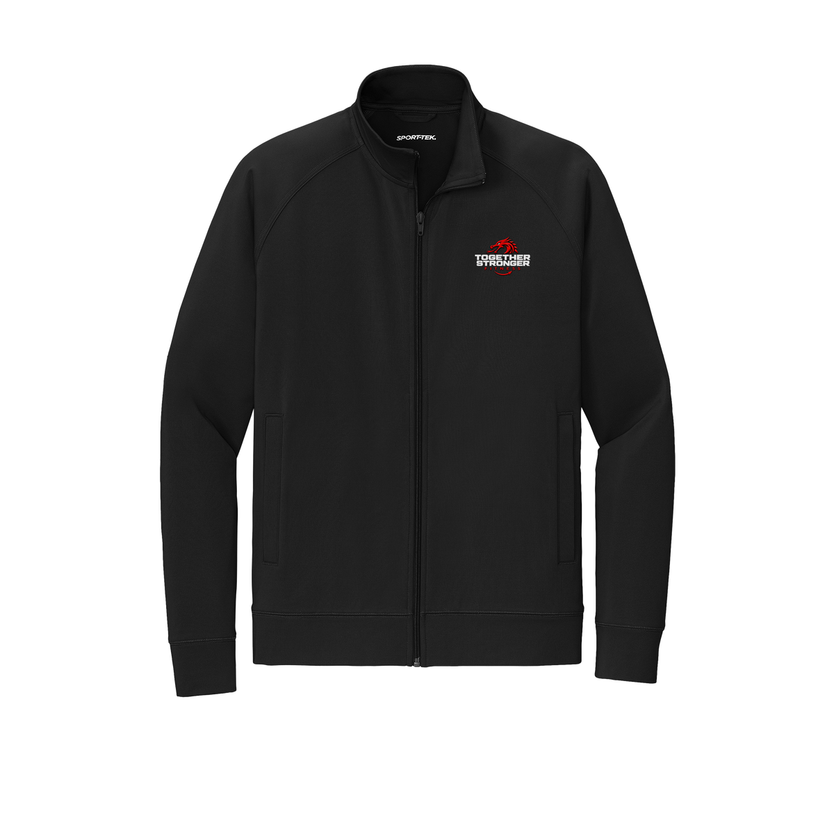 togetherstrongerfitness-sport-tek-mens-cadet-jacket-embroidery-leftchest-ST857-black-flat-front
