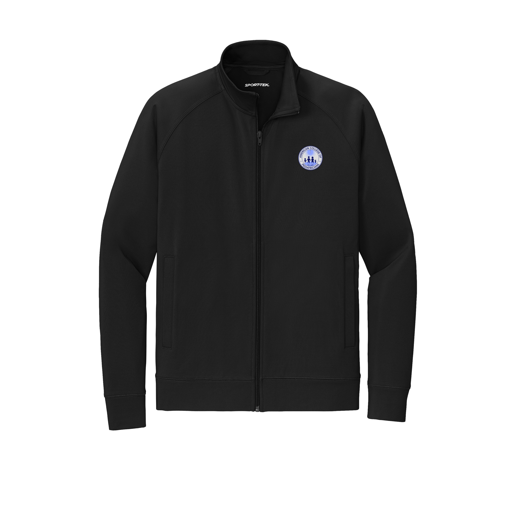 acpeds-sport-tek-mens-cadet-jacket-embroidery-leftchest-ST857-black-flat-front