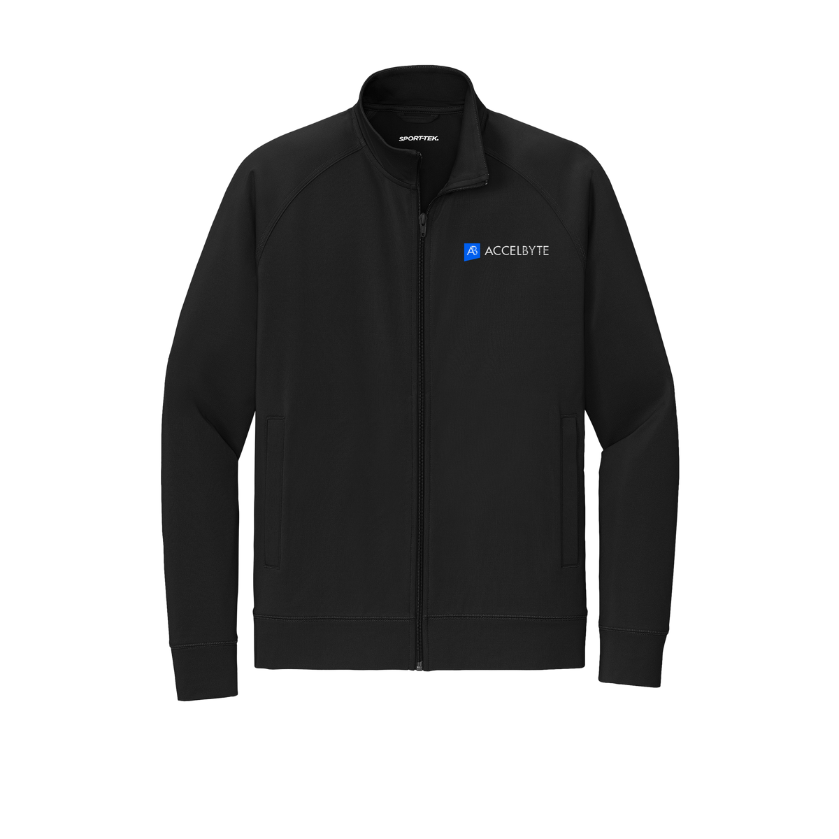 accelbyte-sport-tek-mens-cadet-jacket-embroidery-leftchest-ST857-black-flat-front