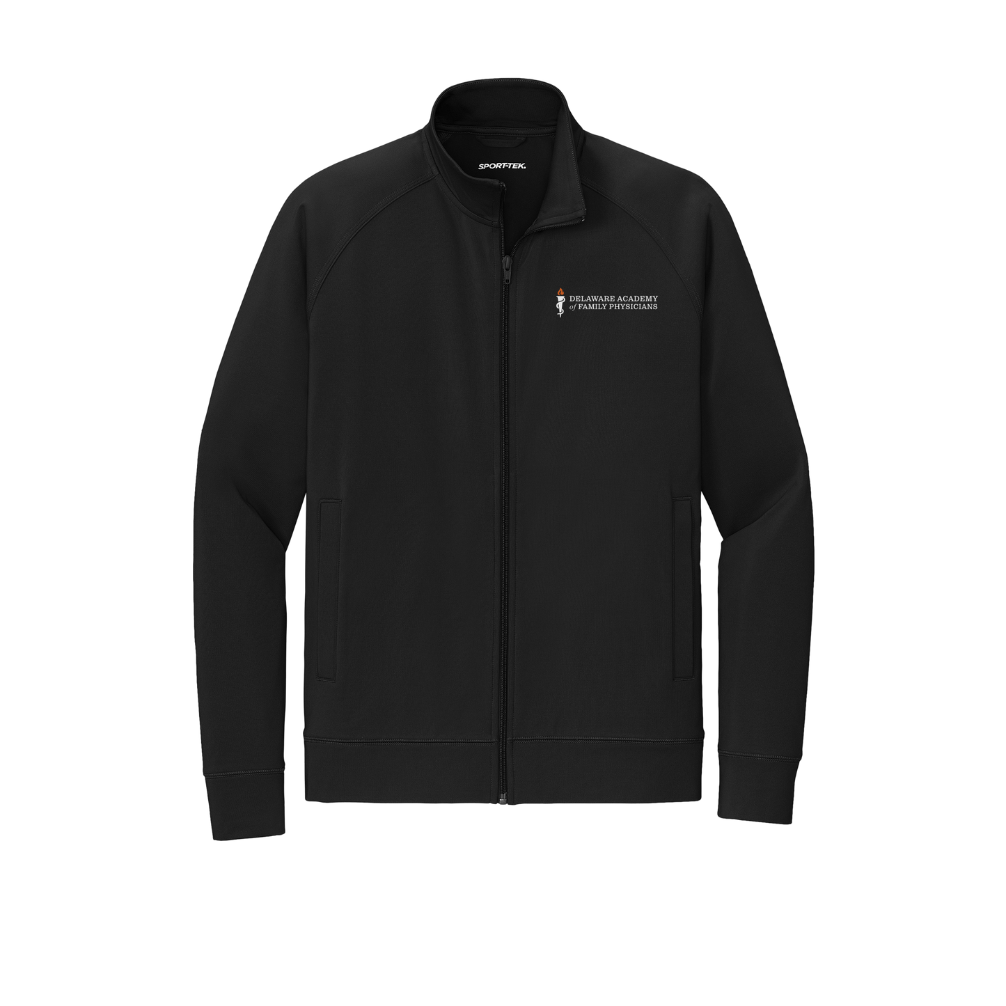 delfamdoc-sport-tek-mens-cadet-jacket-embroidery-leftchest-ST857-black-flat-front
