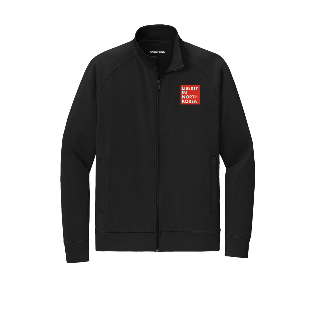 libertyinnorthkorea-sport-tek-mens-cadet-jacket-embroidery-leftchest-ST857-black-flat-front