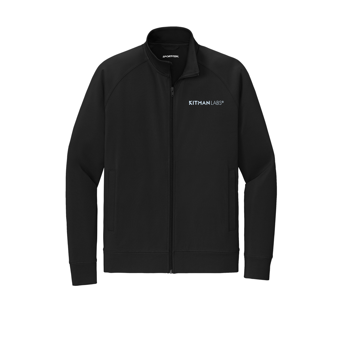 kitmanlabs-sport-tek-mens-cadet-jacket-embroidery-leftchest-ST857-black-flat-front