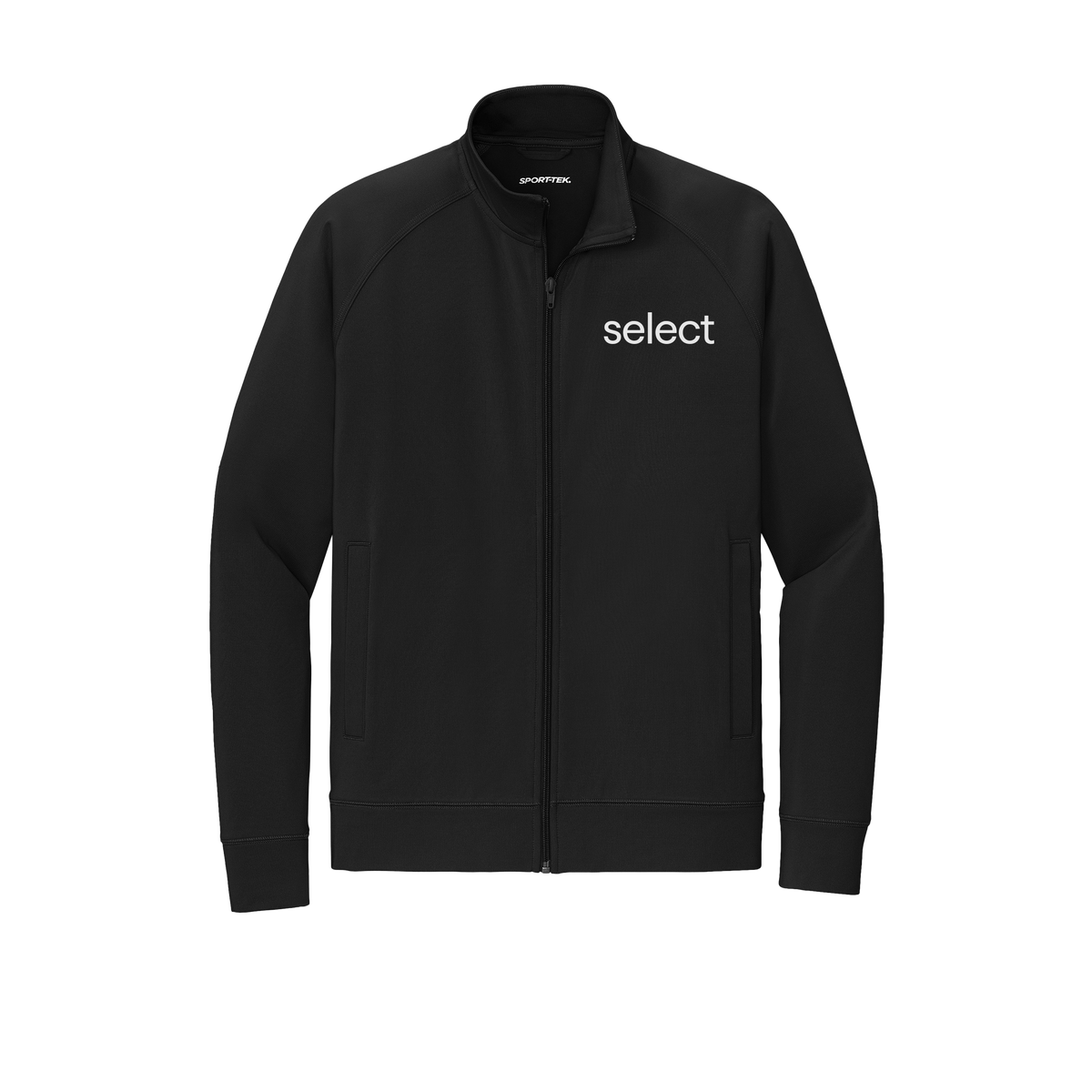 meetselect-sport-tek-mens-cadet-jacket-embroidery-leftchest-ST857-black-flat-front