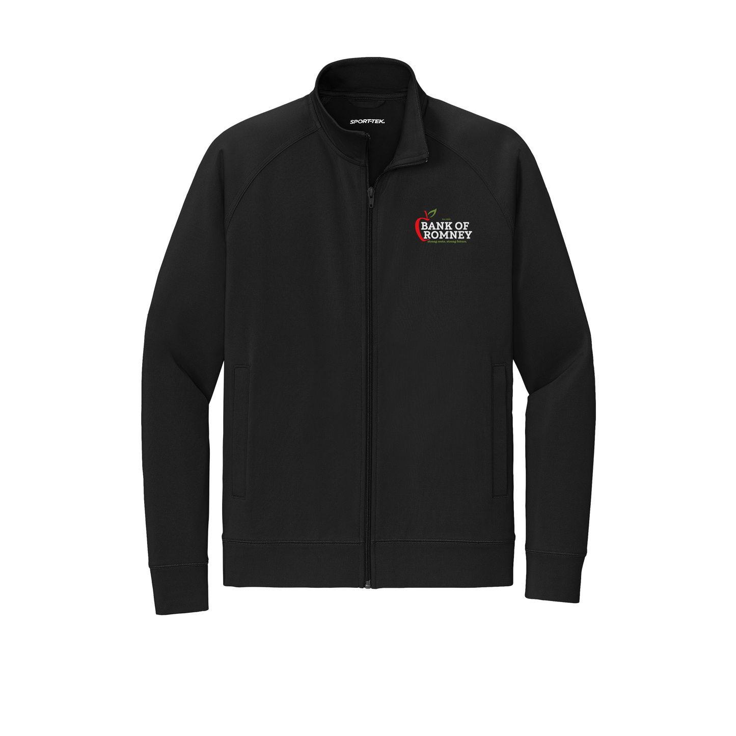 bankofromney-sport-tek-mens-cadet-jacket-embroidery-leftchest-ST857-black-flat-front