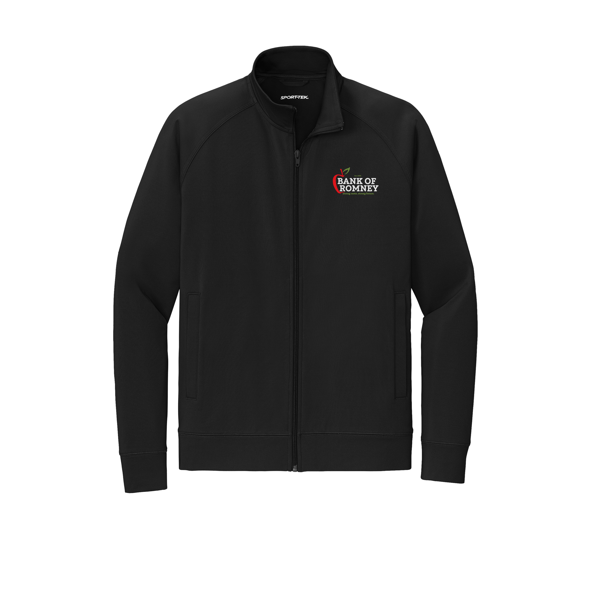 bankofromney-sport-tek-mens-cadet-jacket-embroidery-leftchest-ST857-black-flat-front