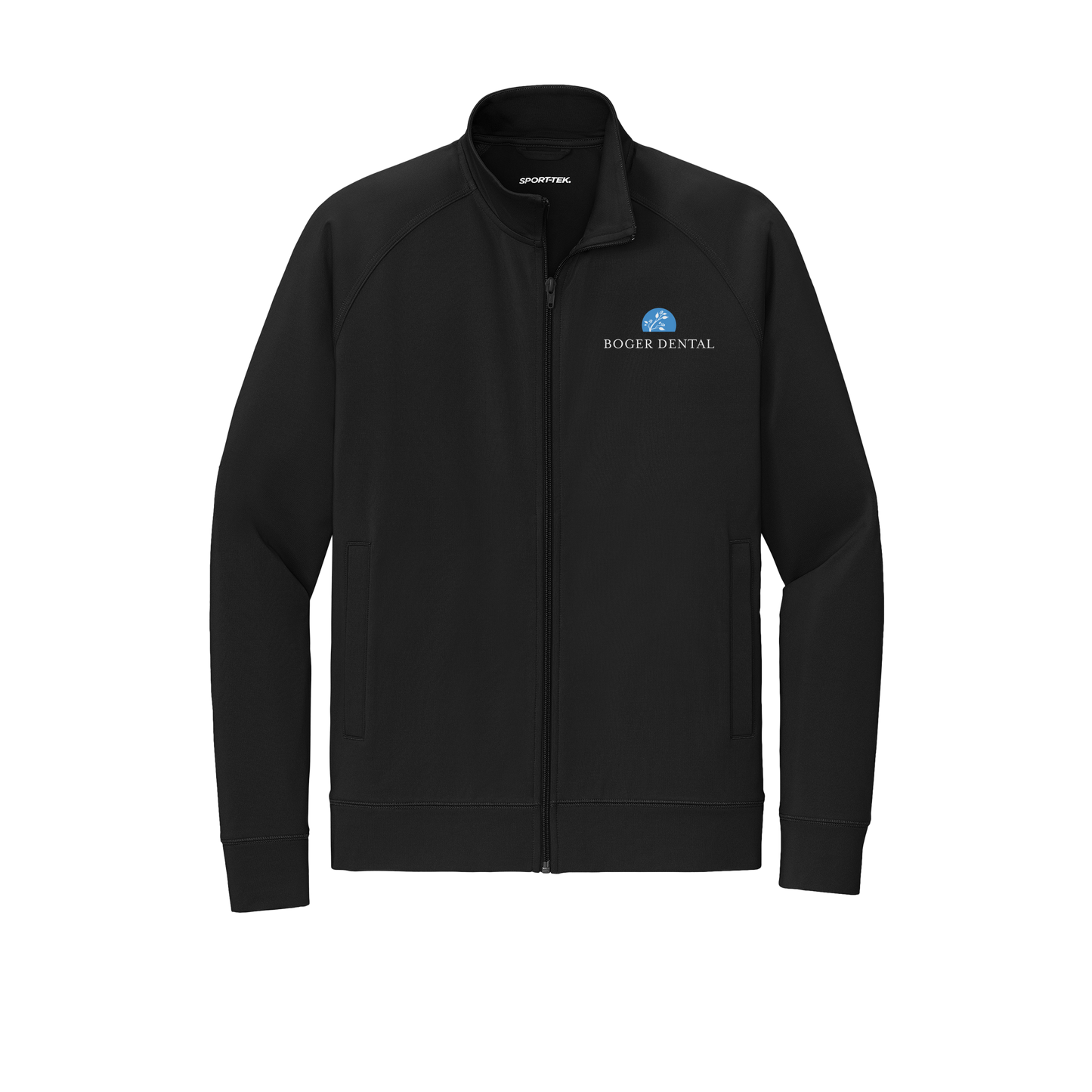 boger-dental-sport-tek-mens-cadet-jacket-embroidery-leftchest-ST857-black-flat-front