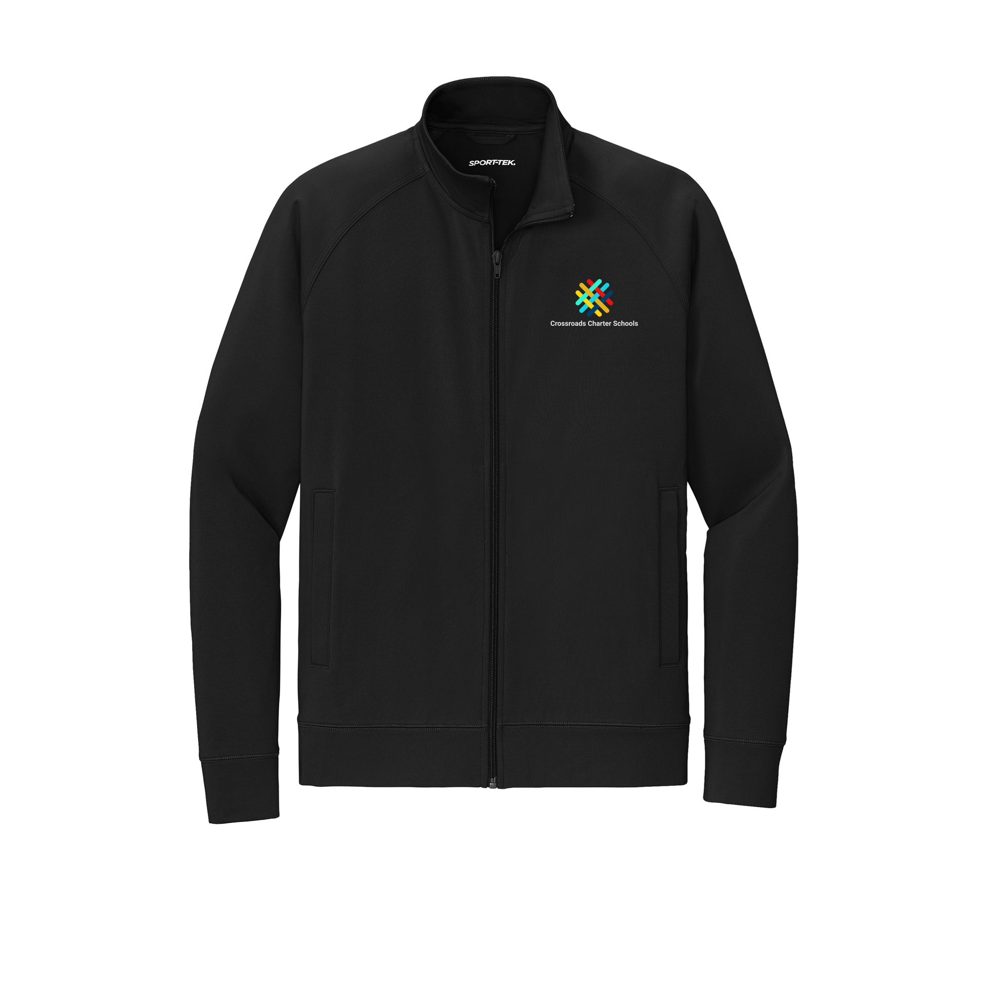 crossroadsschoolskc-sport-tek-mens-cadet-jacket-embroidery-leftchest-ST857-black-flat-front