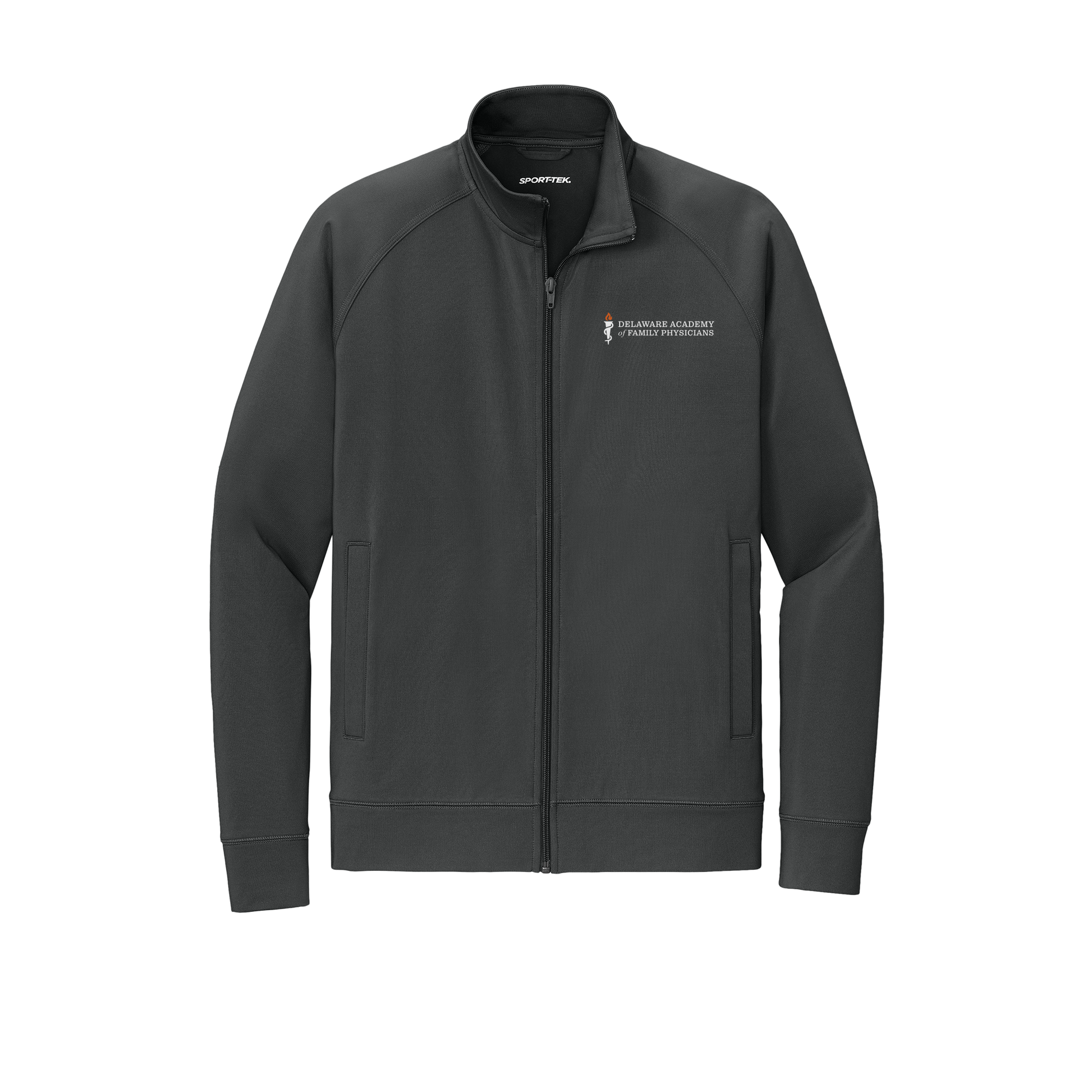 delfamdoc-sport-tek-mens-cadet-jacket-embroidery-leftchest-ST857-charcoalgrey-flat-front