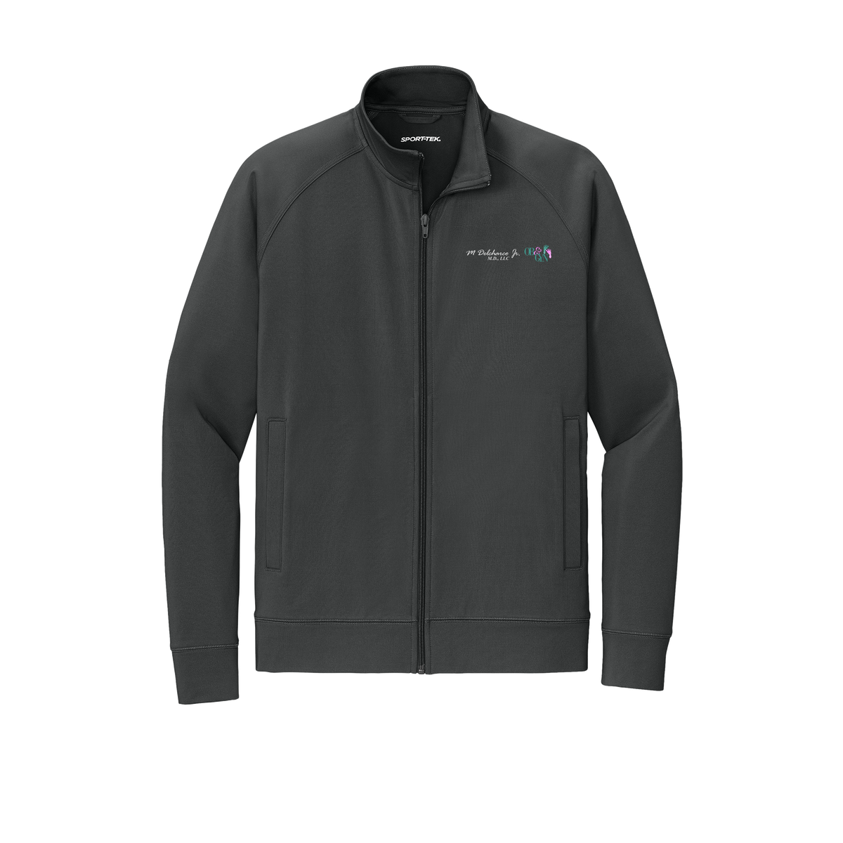 delcharco-sport-tek-mens-cadet-jacket-embroidery-leftchest-ST857-charcoalgrey-flat-front