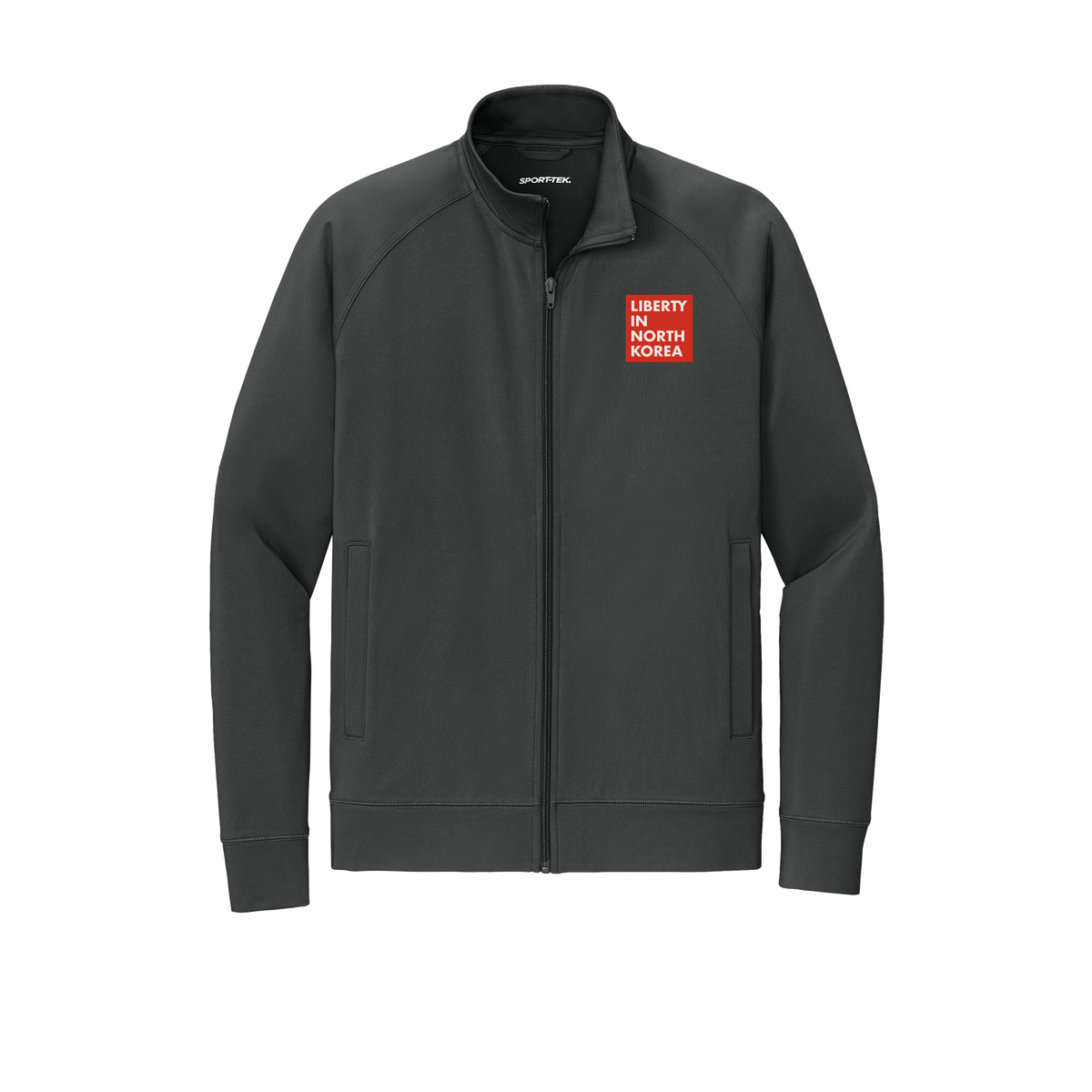 libertyinnorthkorea-sport-tek-mens-cadet-jacket-embroidery-leftchest-ST857-charcoalgrey-flat-front
